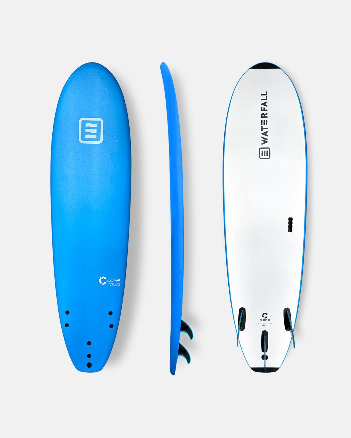 Blue and white 7-inch surfboard with fins and multiple leash plug holes