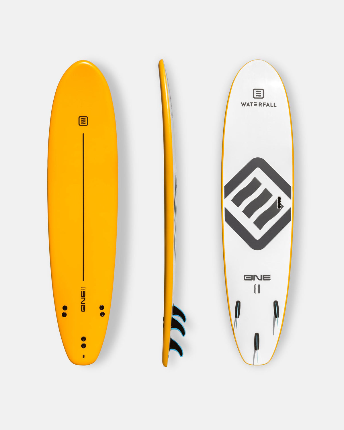 Yellow surfboard with center fin and black deck markings, WATERFALL logo