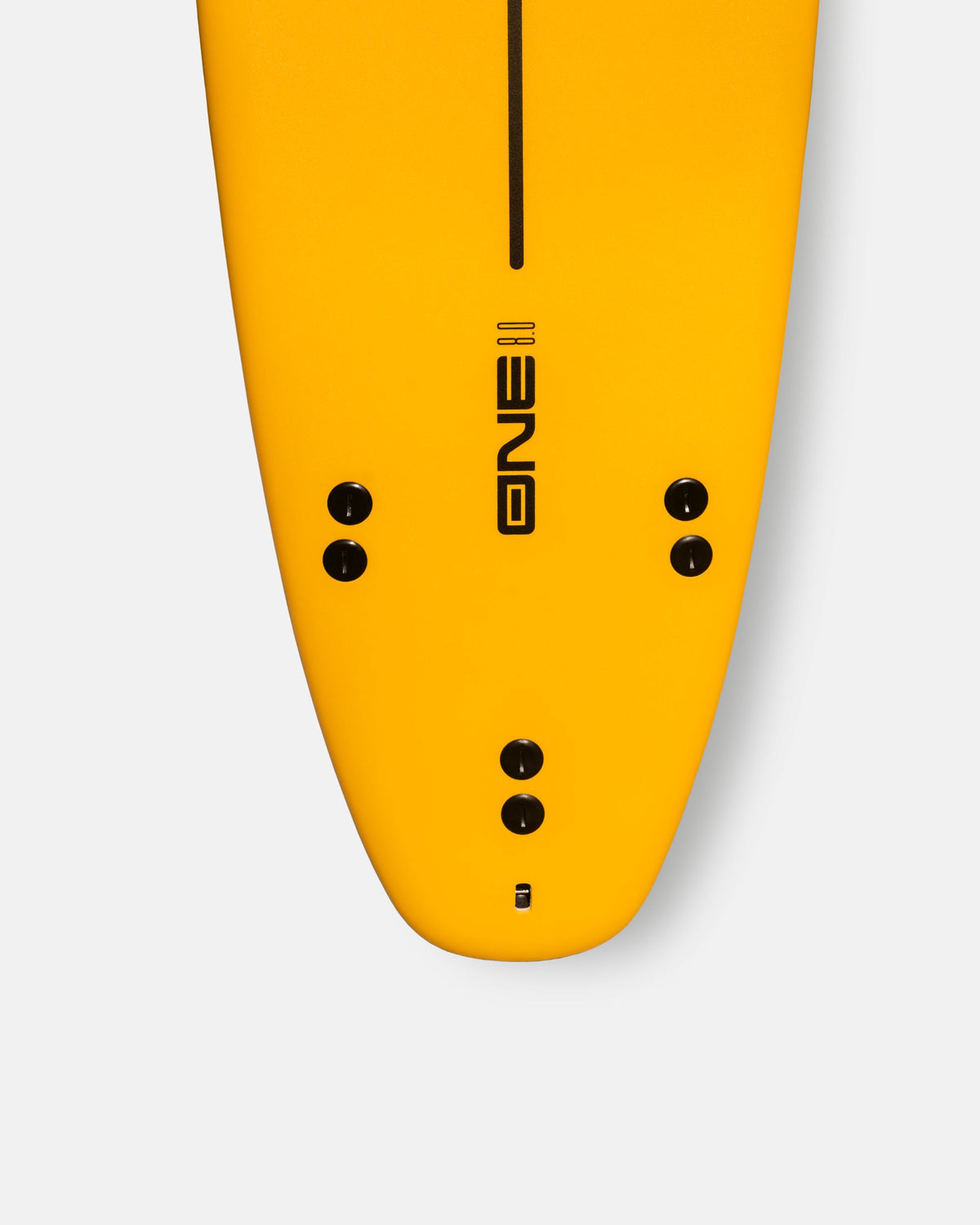 Yellow surfboard tail with fin boxes and center logo