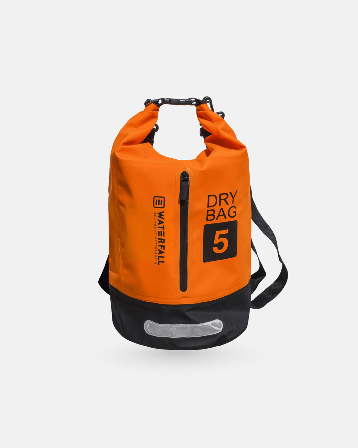 5L dry bag with roll-top, orange and black, carry handles and shoulder strap