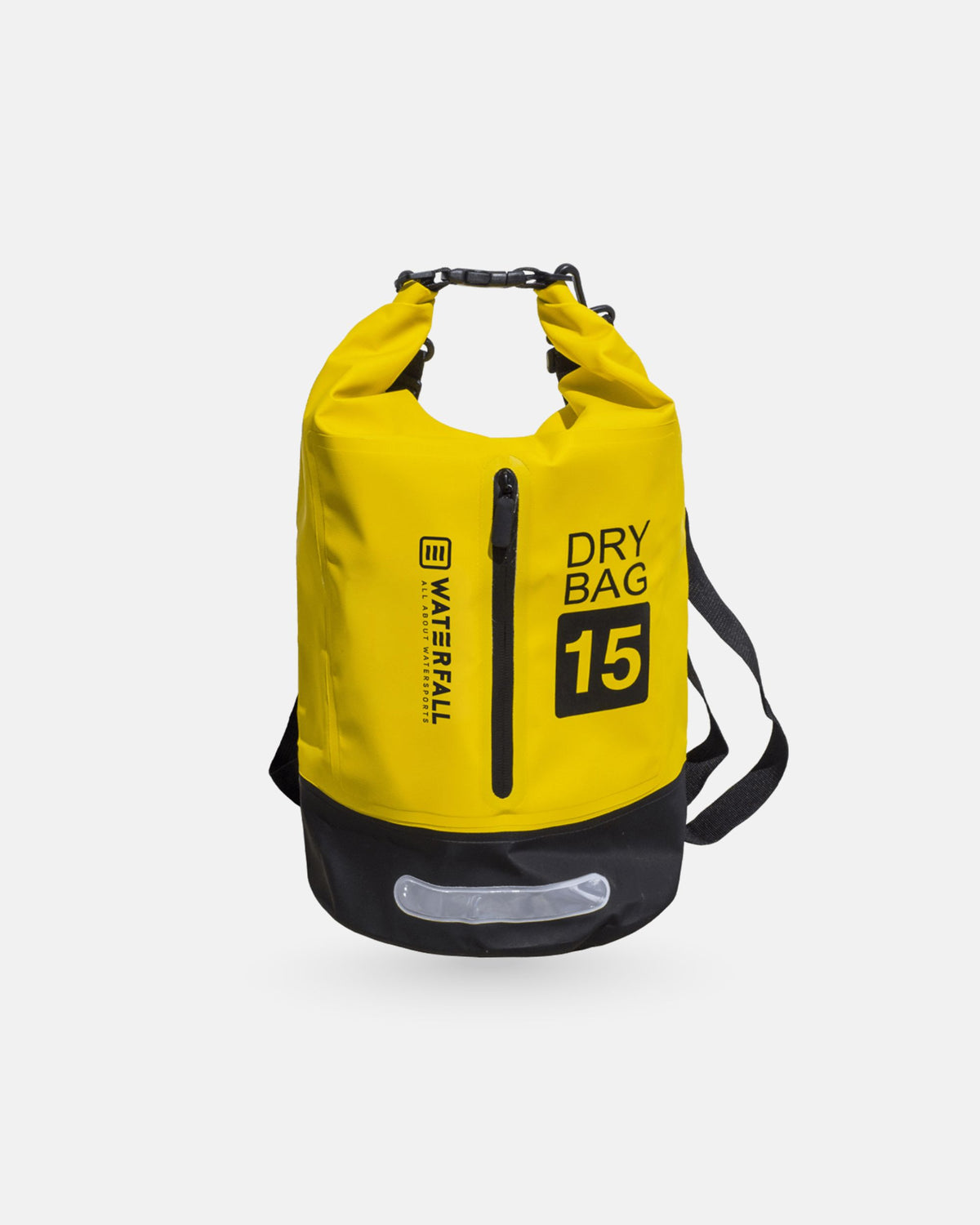 15L waterproof dry bag with roll-top, yellow body and black bottom