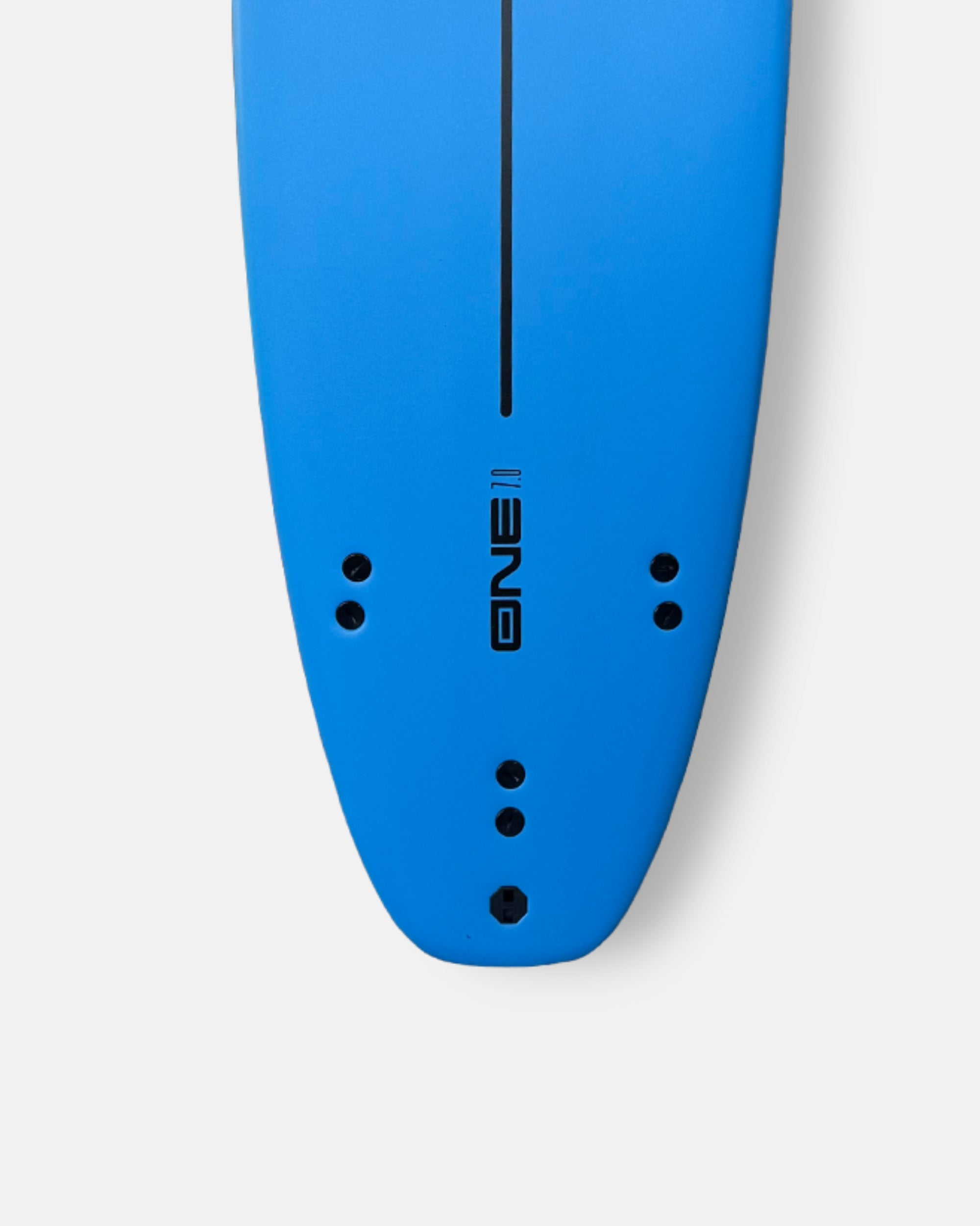 Blue surfboard tail with black traction dots and vertical center stripe