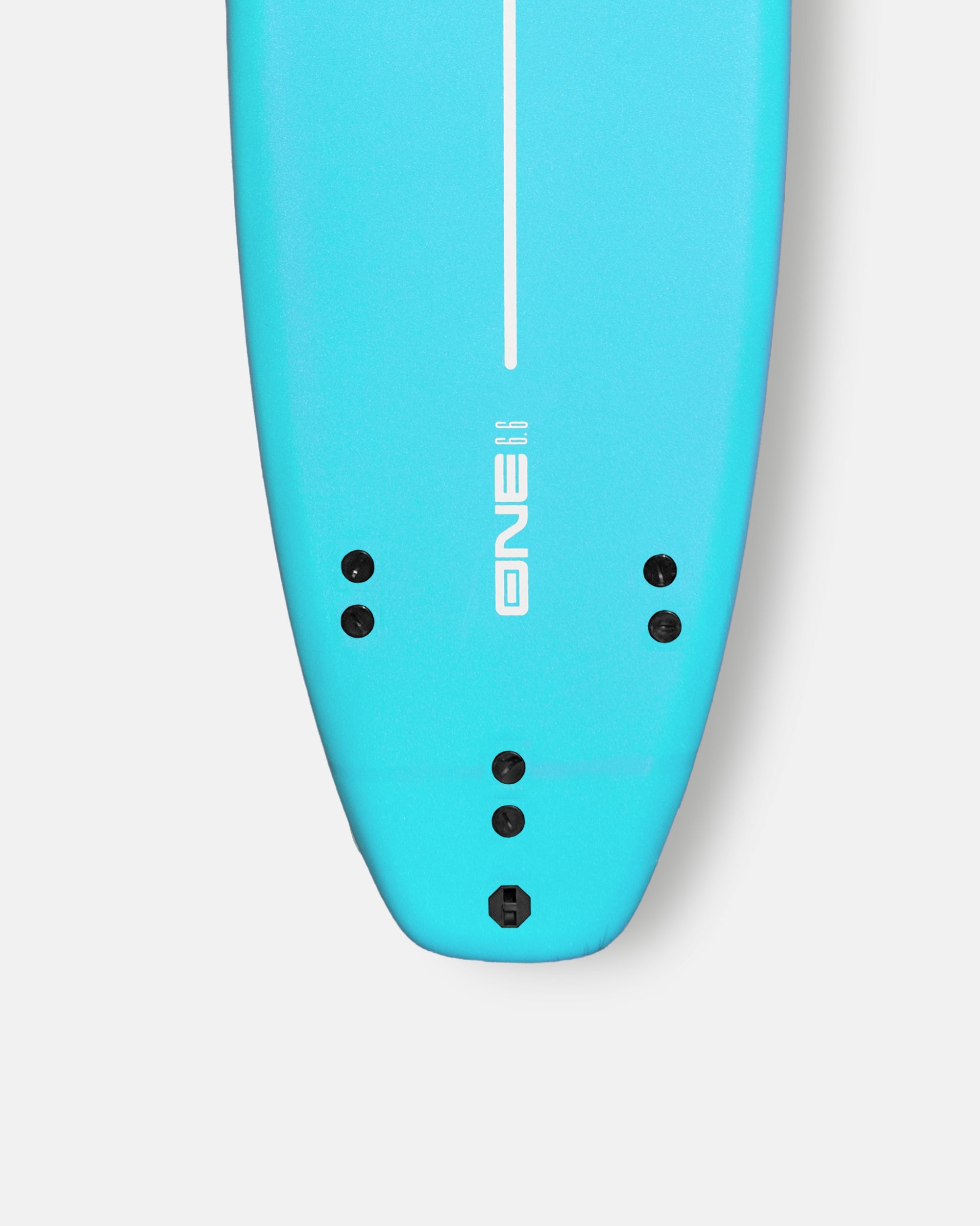 Blue surfboard underside close-up with center fins and 'ONE' text
