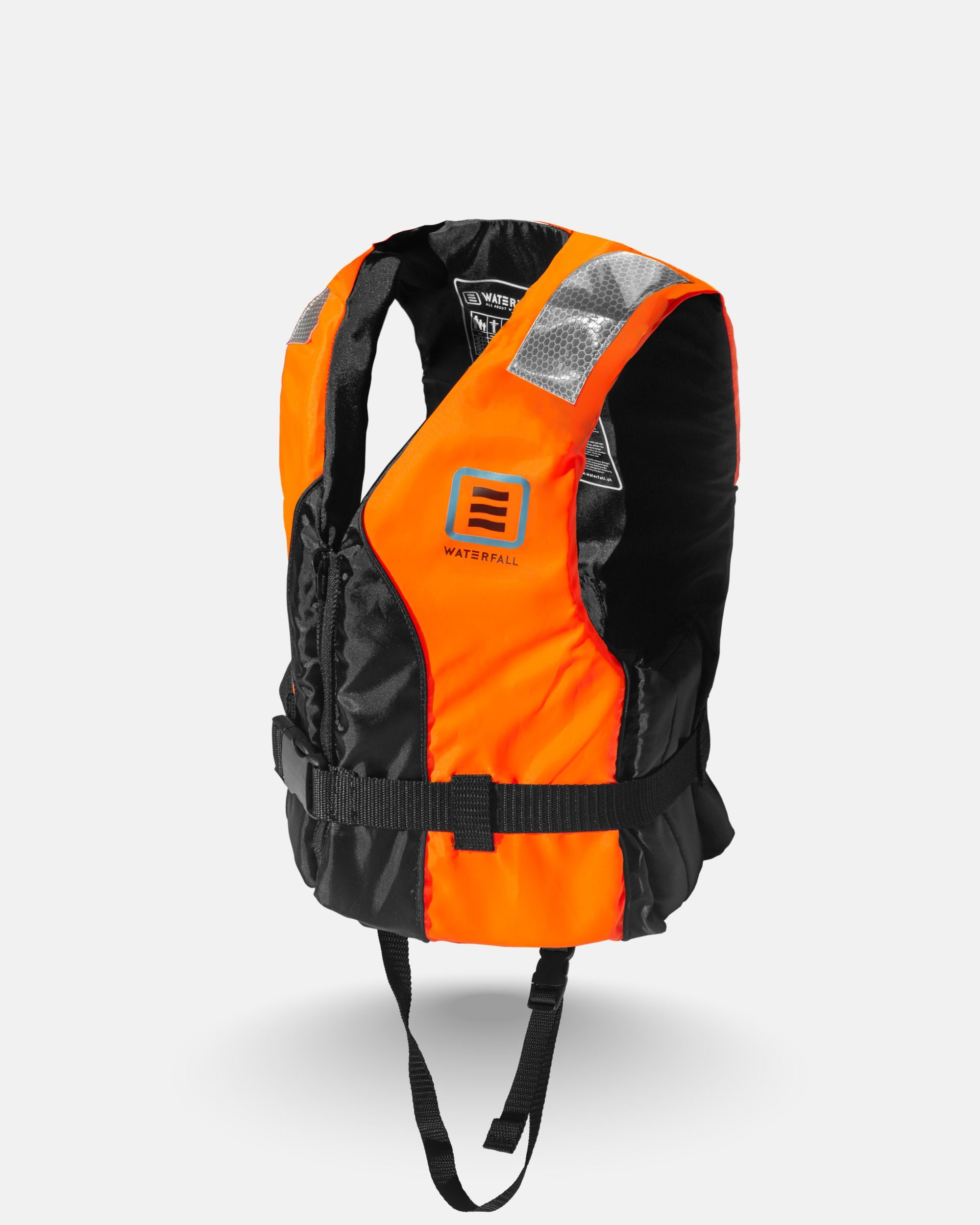 Adult buoyancy aid with orange front, black back, reflective panel, and logo patch