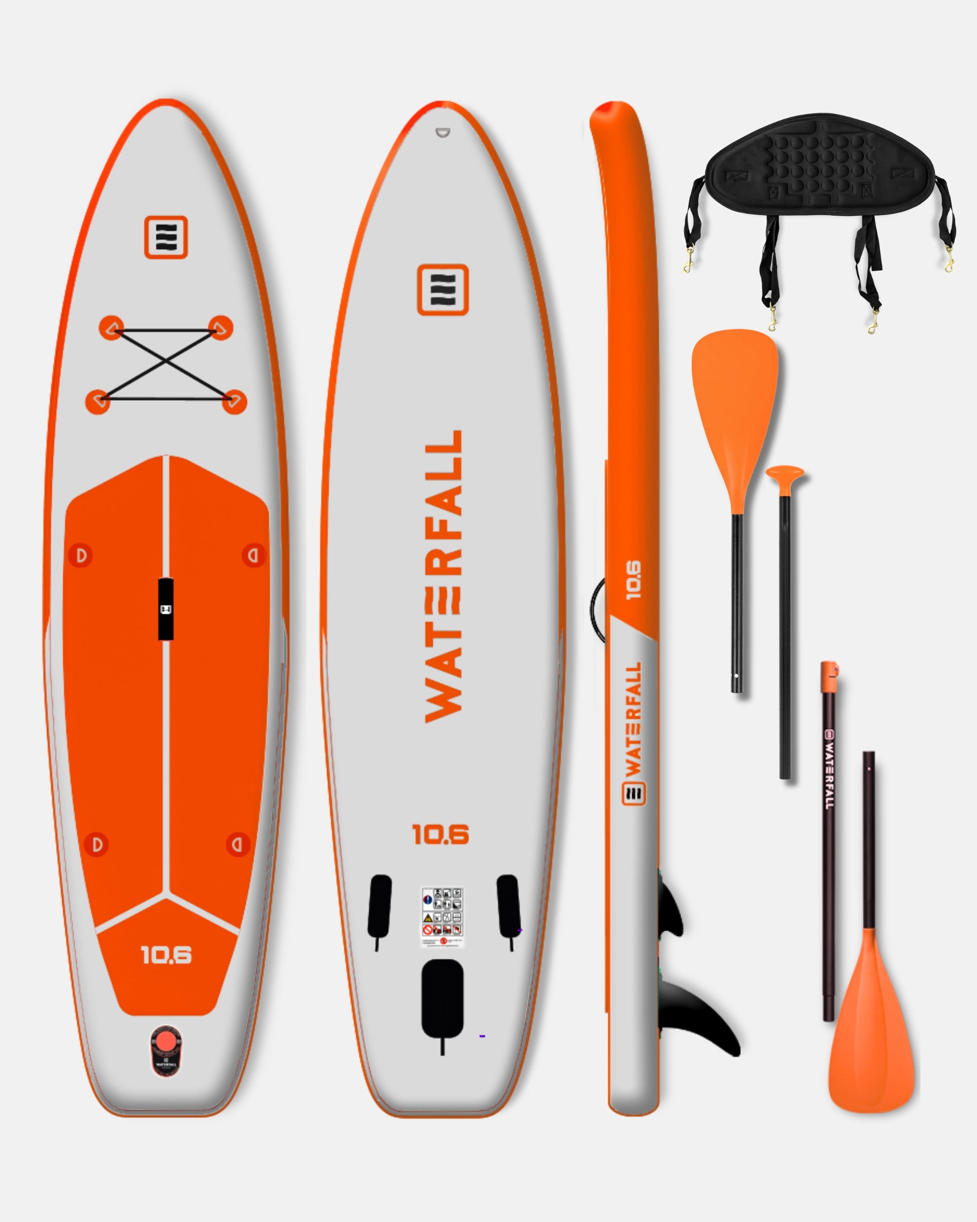 Inflatable stand up paddleboard with orange deck and grey rails, with black carry bag