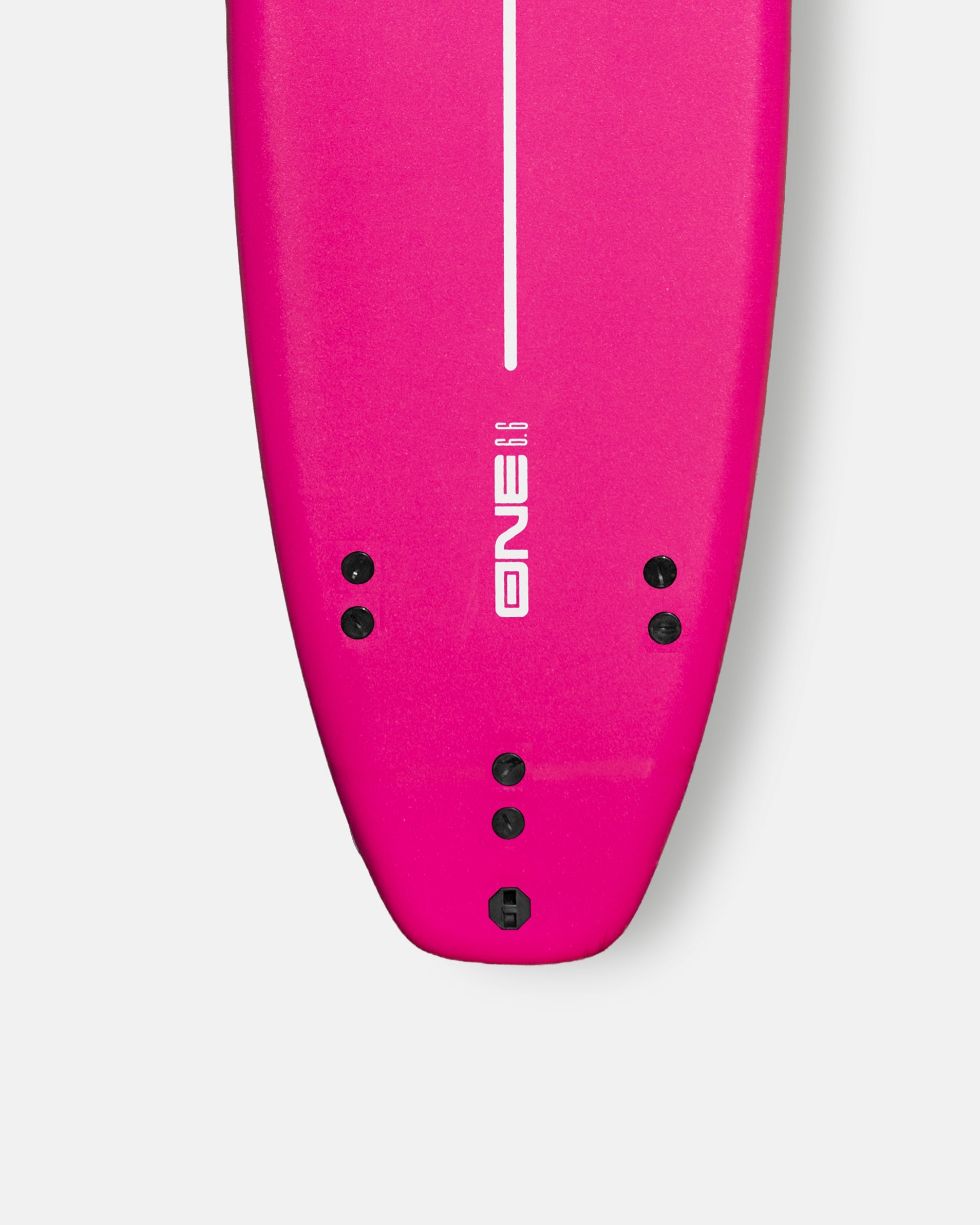 Pink surfboard nose with ONE 6.6 text, three fin plugs, and leash loop