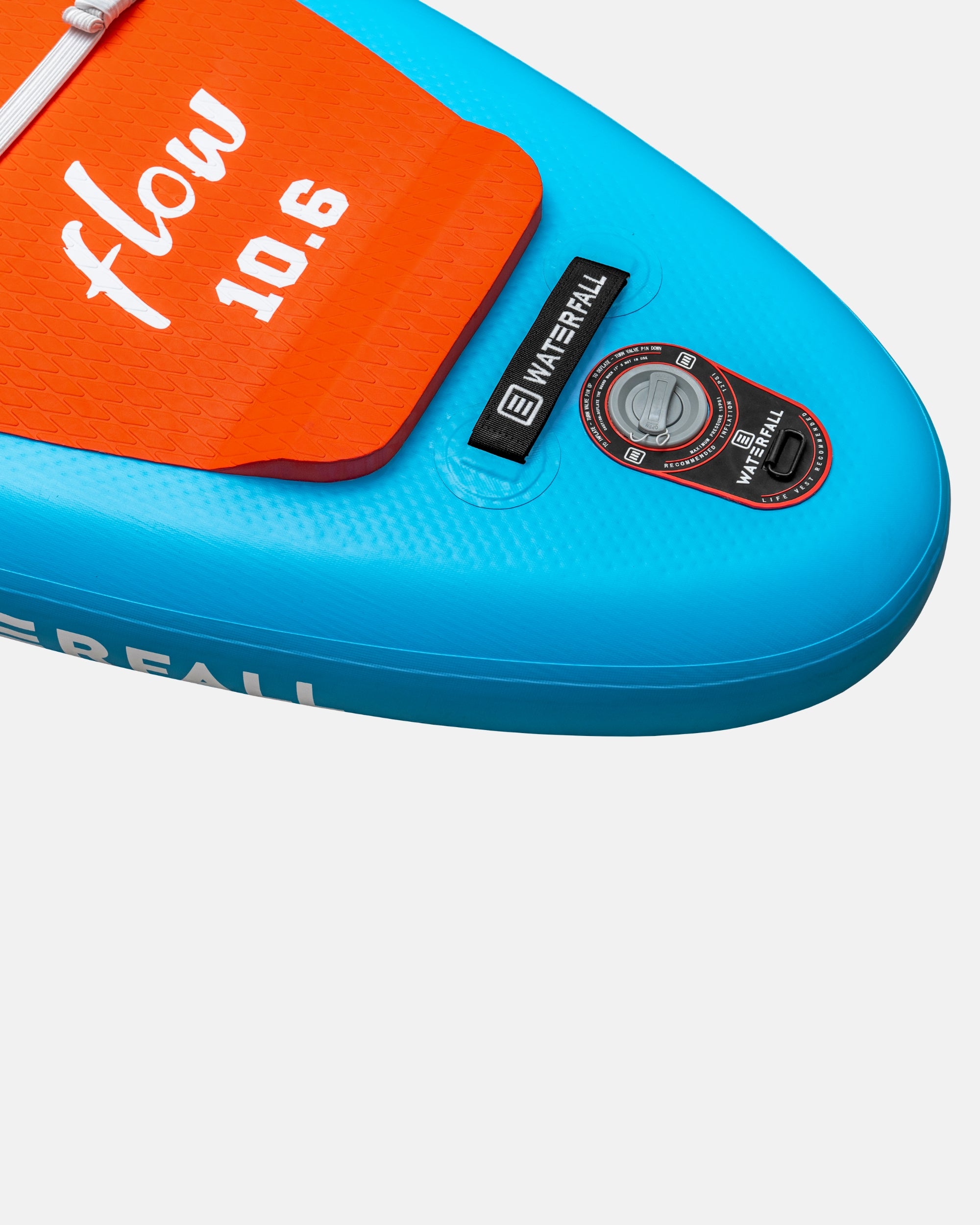 Inflatable blue SUP nose with orange deck pad and WATERFALL valve cover