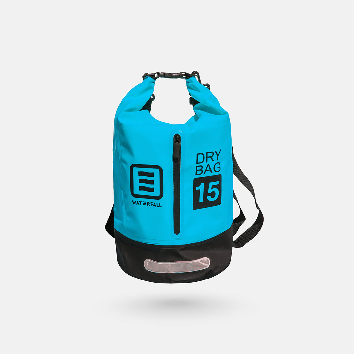15L waterproof dry bag, blue roll-top with zip pocket and shoulder strap, front logo