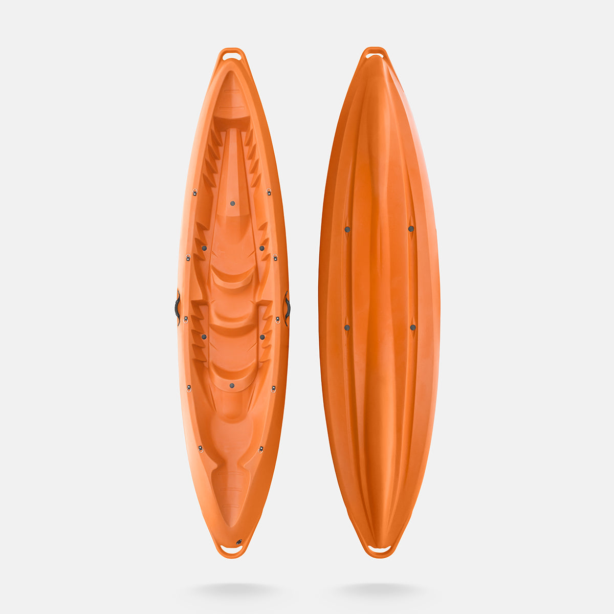 Orange kayak with open cockpit, shown in front and side views