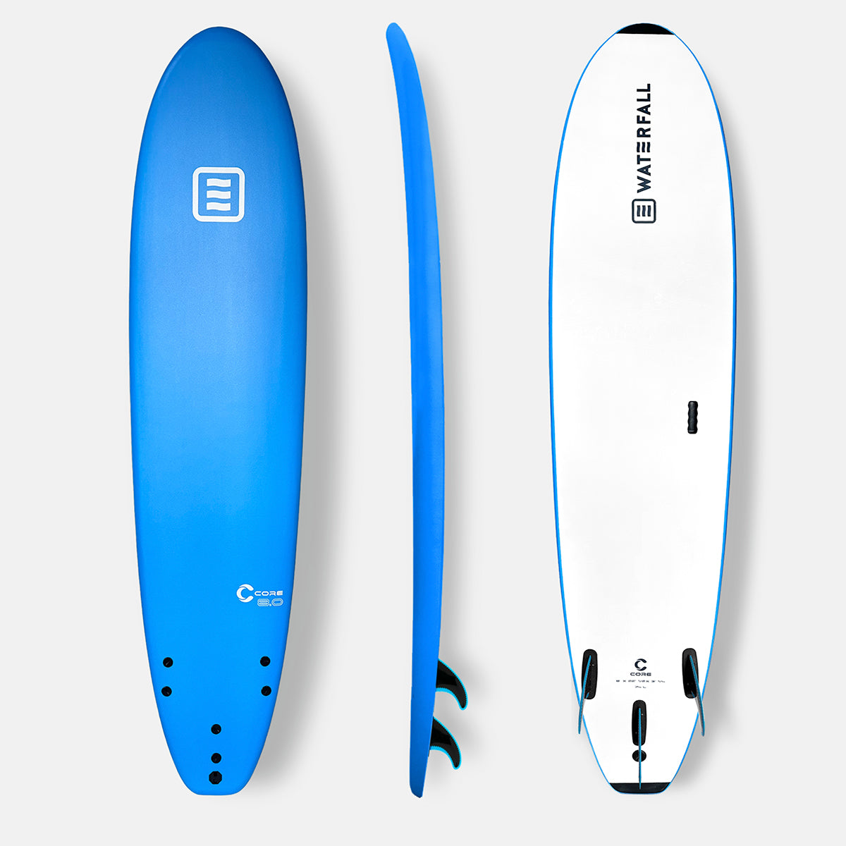 Blue surfboard with underside view, leash plug holes, and fin set