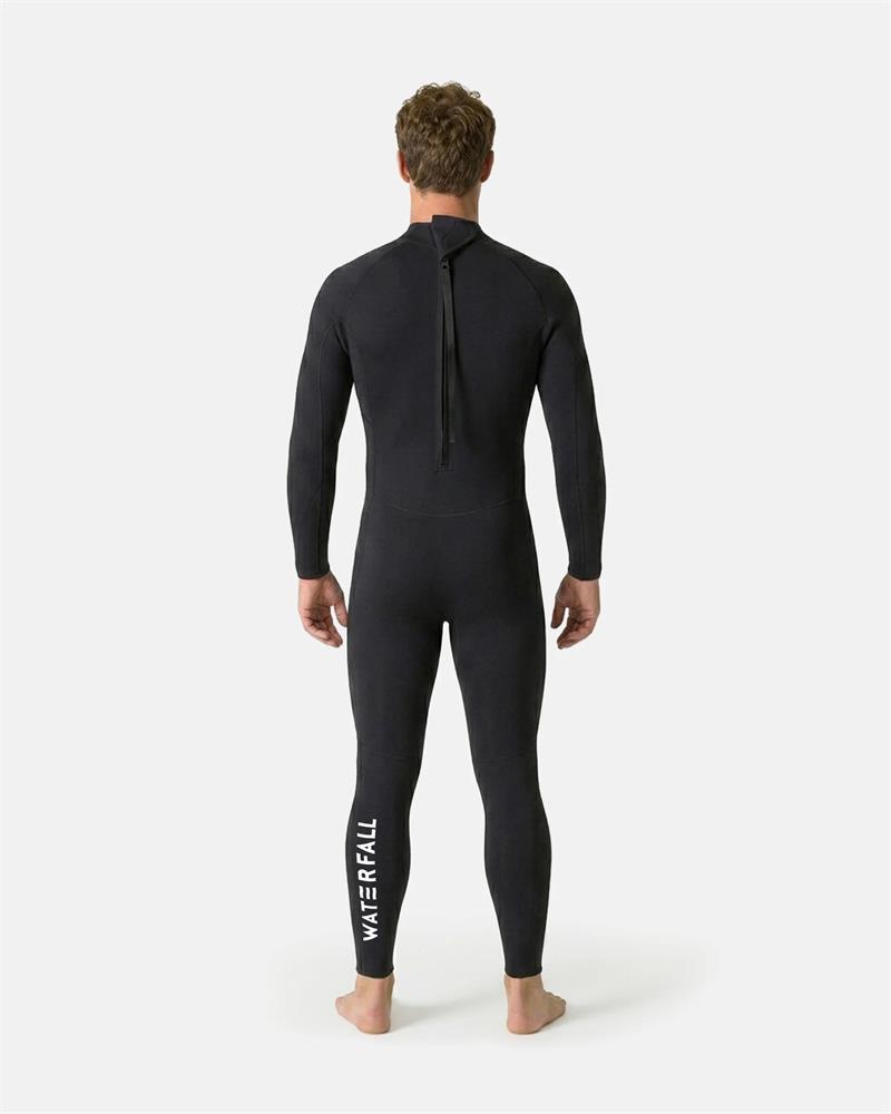 Black wetsuit with center back zipper and long sleeves, full-length legs.