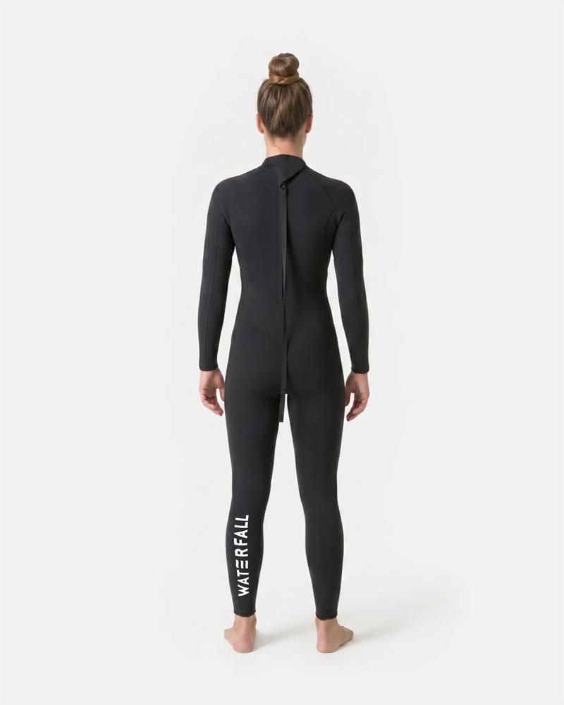 Black wetsuit back view with center zipper and Waterfall logo on one leg.