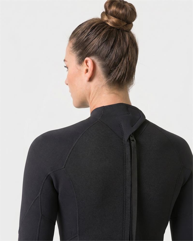 Black wetsuit shoulder close-up with center back zipper and raised seam panel.