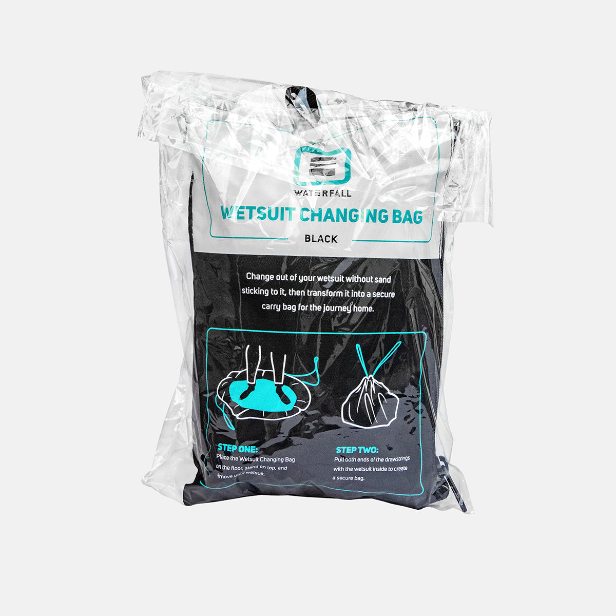 Black wetsuit changing bag in clear plastic pouch, teal WATERFALL label