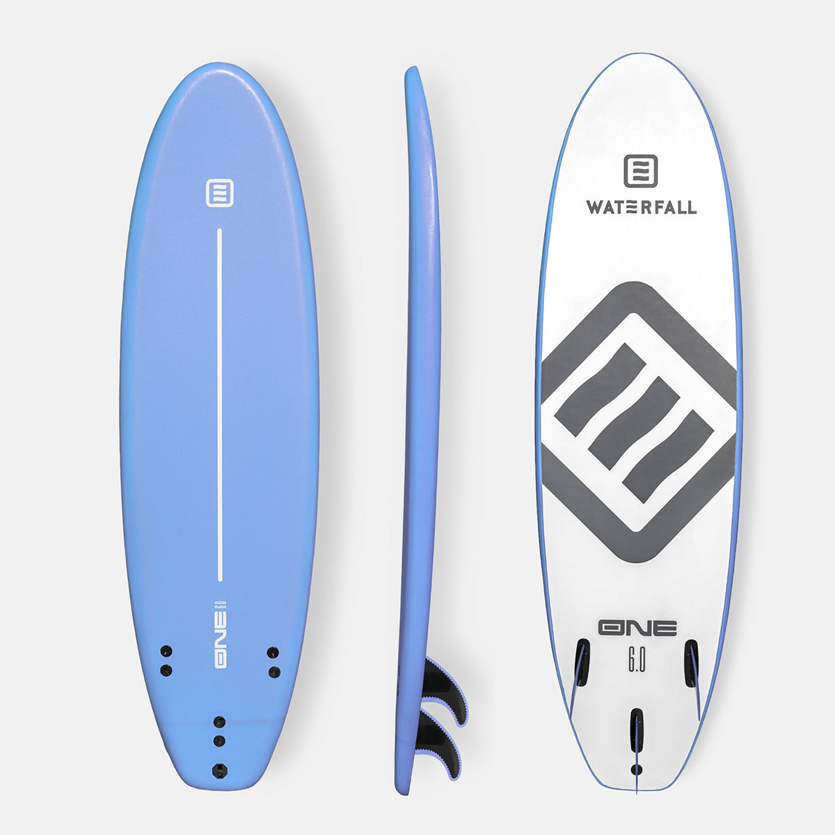 Blue surfboard with WATERFALL logo and 6.0 marking; tail fin hardware.