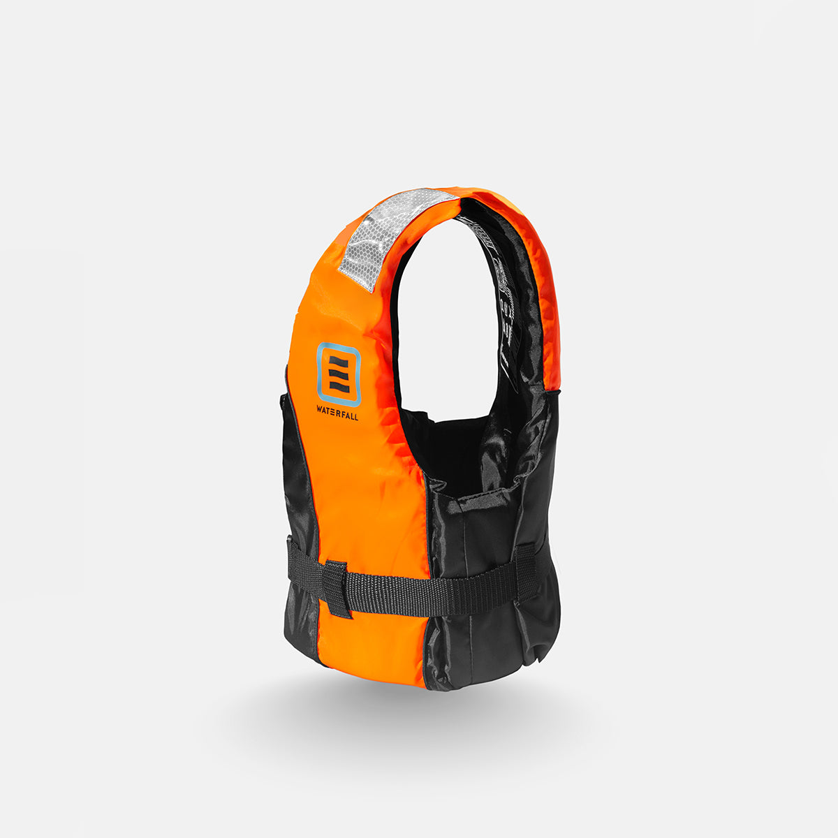 Adult buoyancy aid orange and black with reflective stripe around arm opening