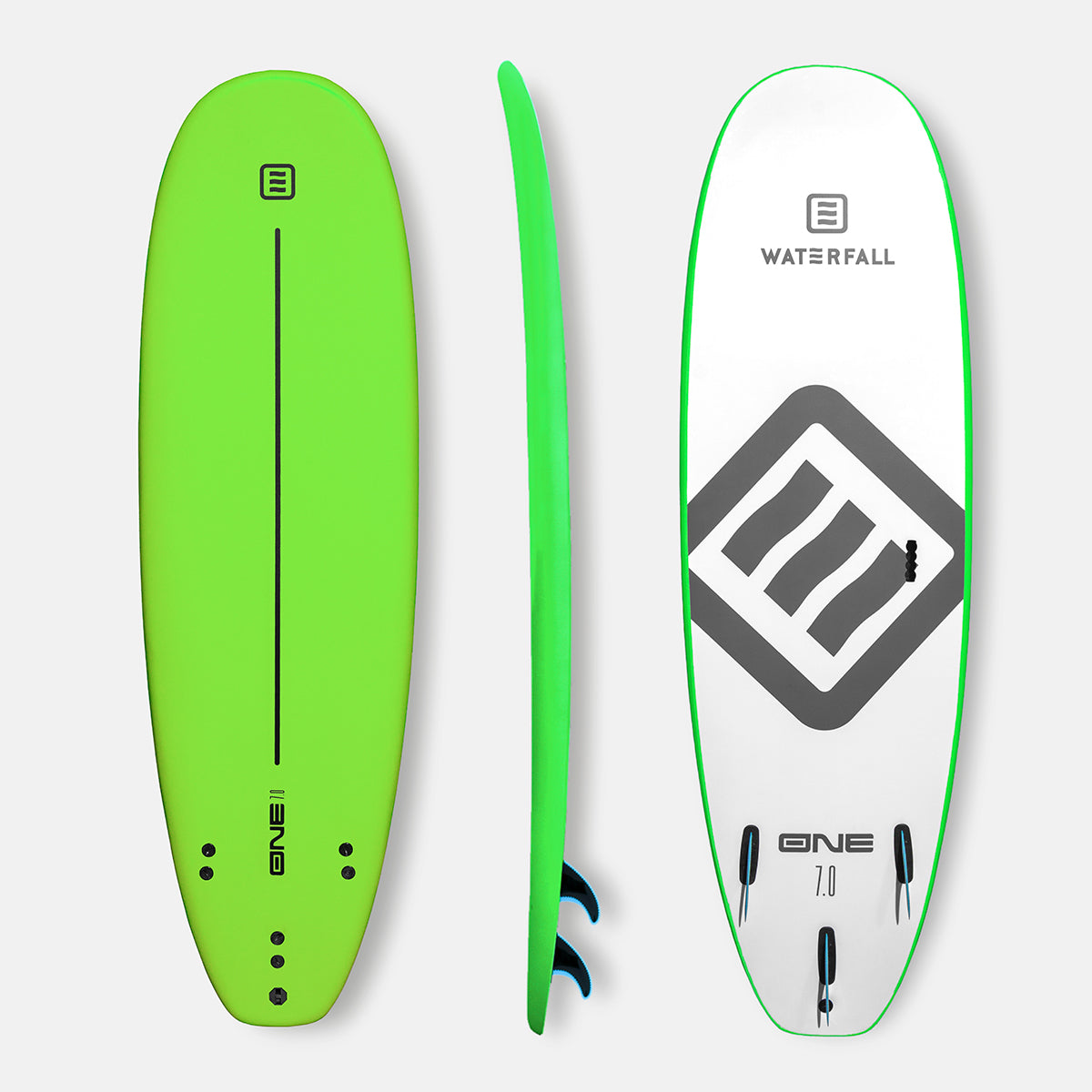 Green surfboard showing side profile and ONE branding; includes underside view