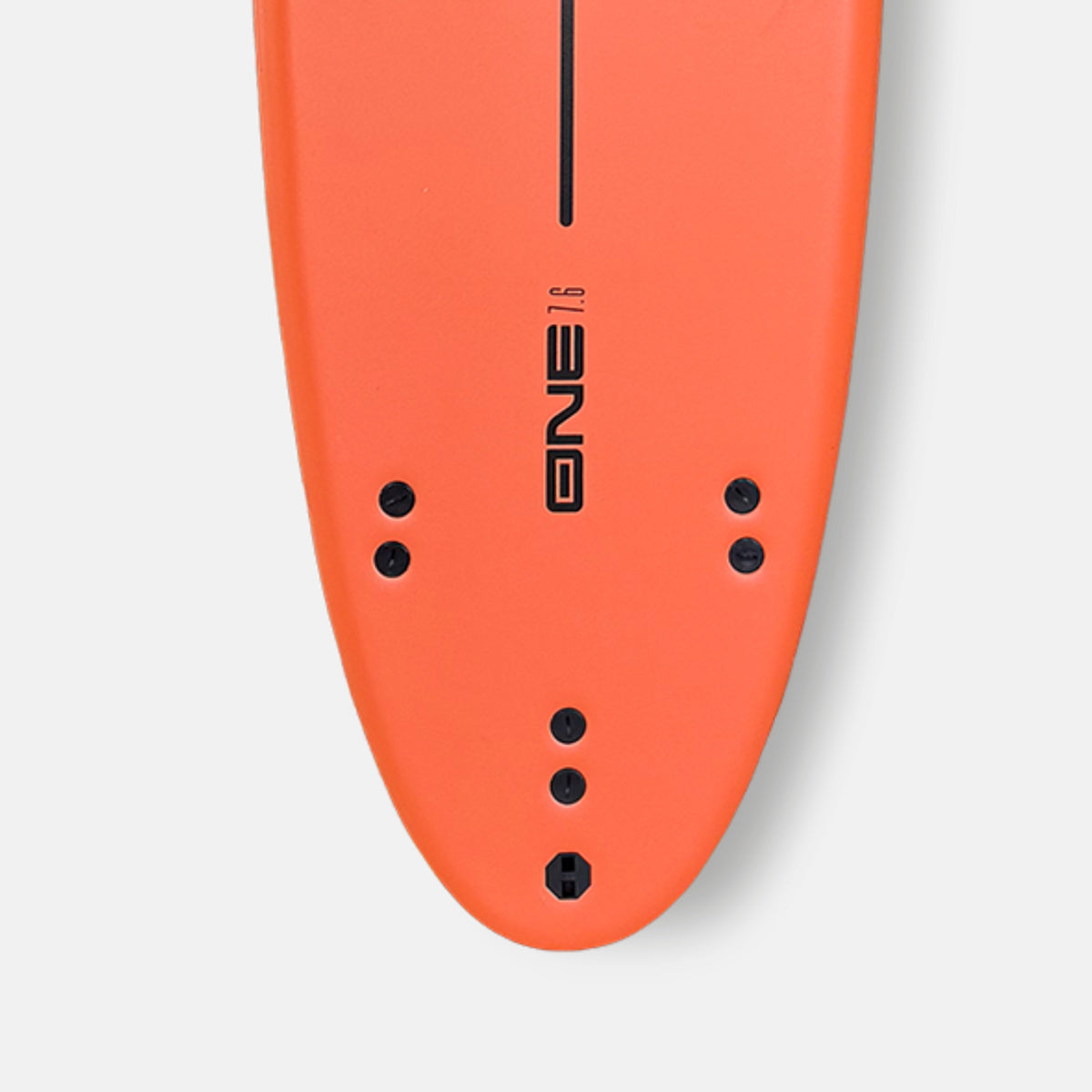 Orange surfboard nose with black fin plugs and ONE logo