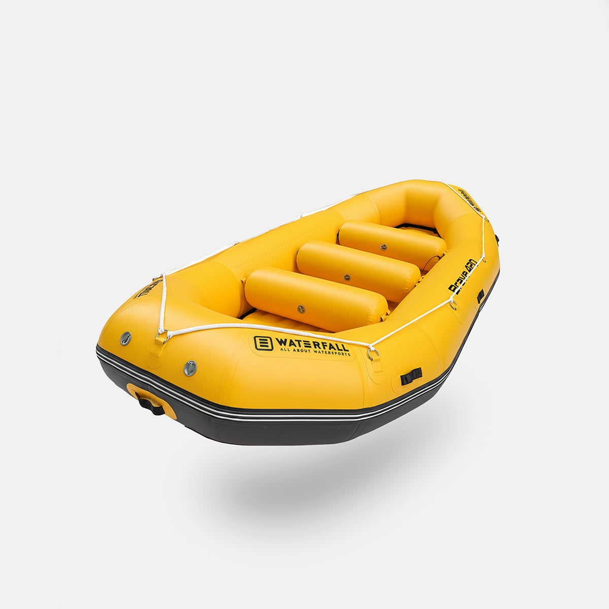 Yellow inflatable raft with black underside trim and WATERFALL logo on bow