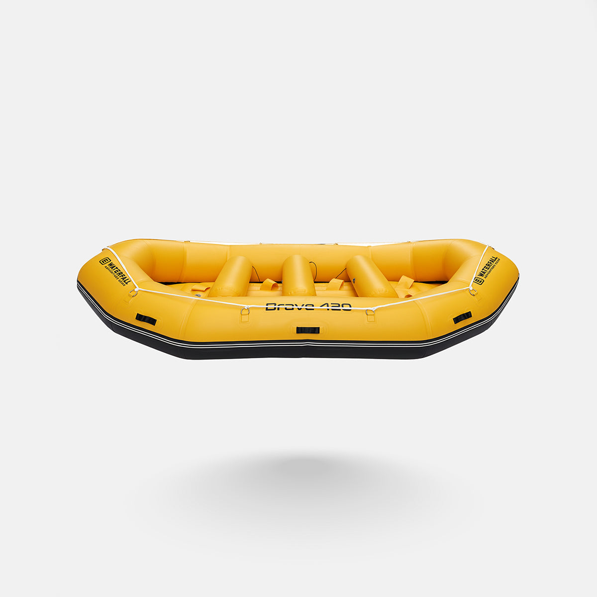Yellow inflatable raft with raised footrest tubes, side drain openings, and black base trim