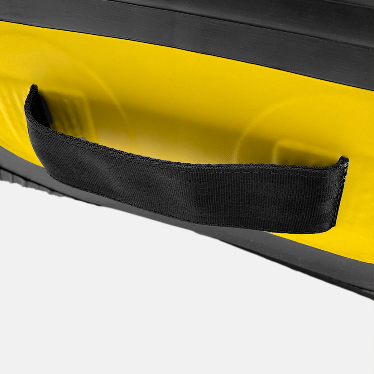 Yellow inflatable raft end with black handle strap on side tube