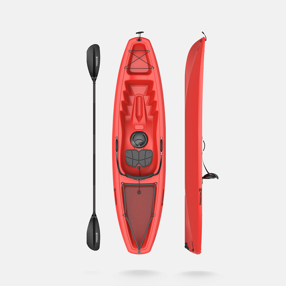 Red sit-on-top single kayak with two-piece paddle and open cockpit