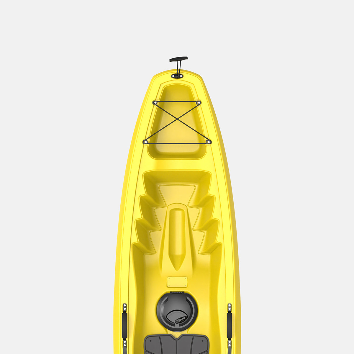 Yellow sit-on-top kayak with front hatch and molded footrest