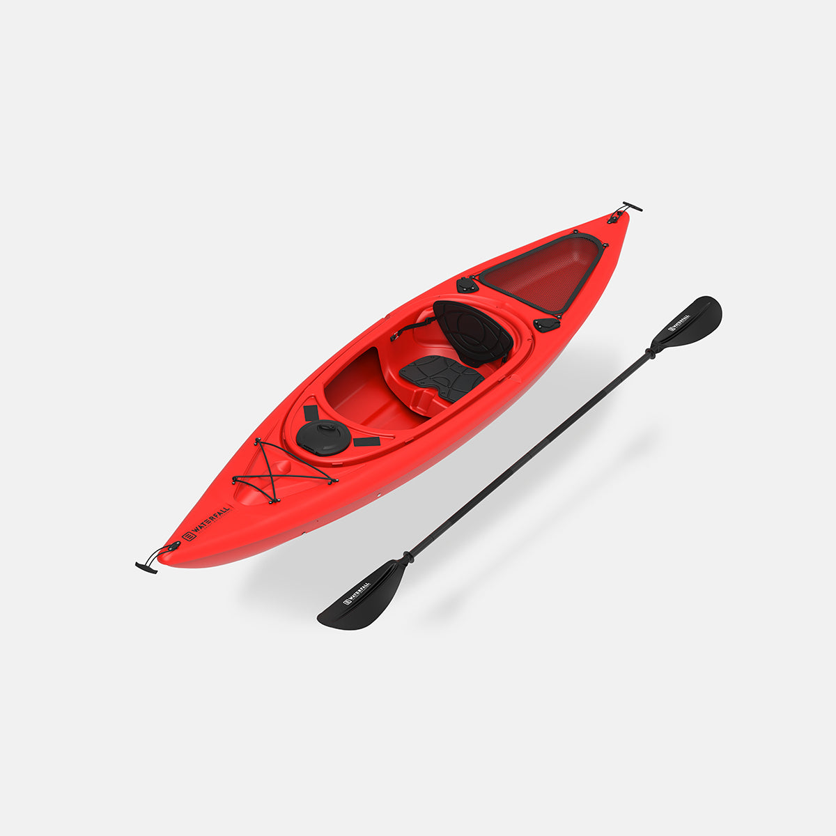 Red sit-in single kayak with integrated seat and two-piece paddle