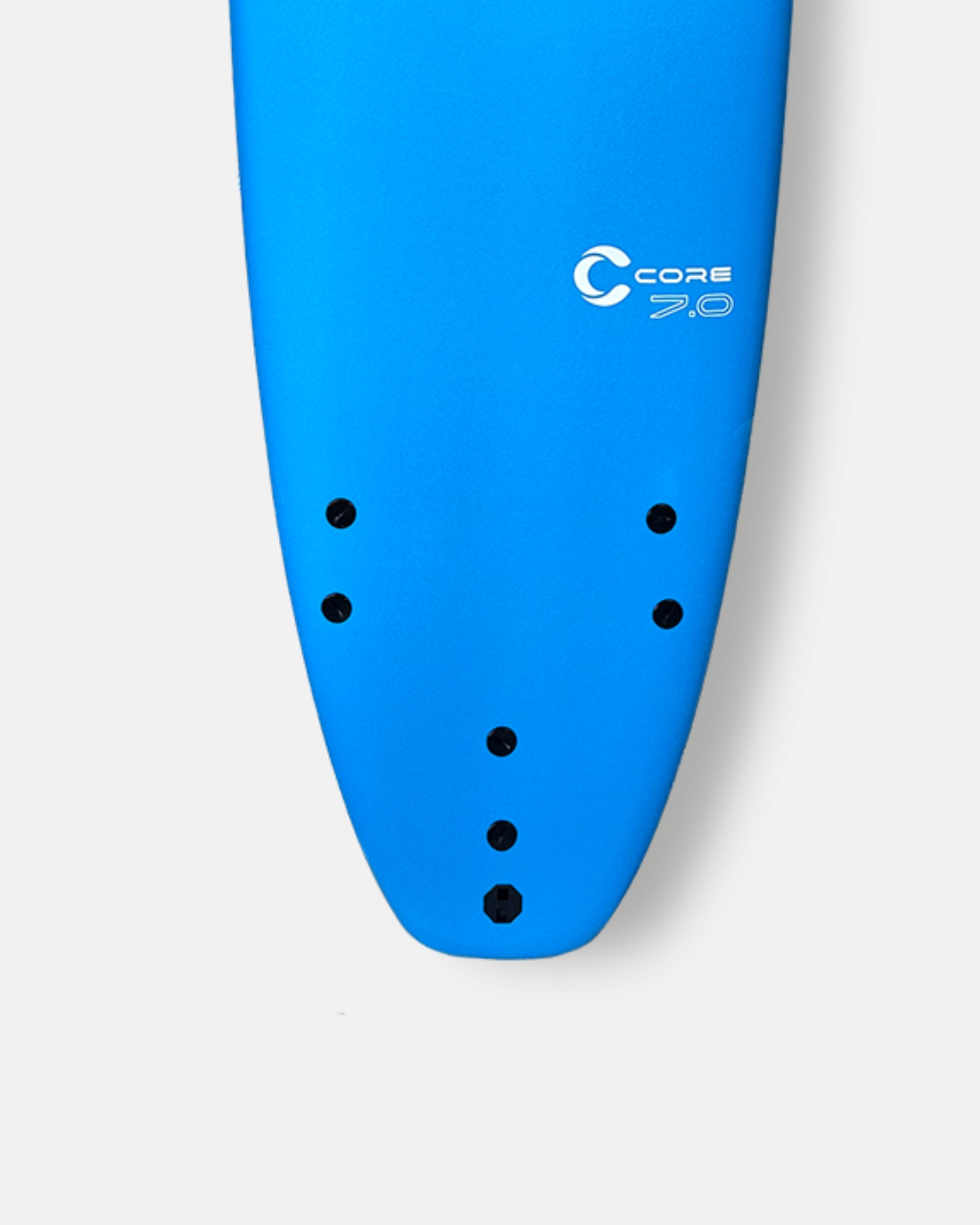 Blue 7" surfboard nose with CORE 2.0 logo and black traction pad dots