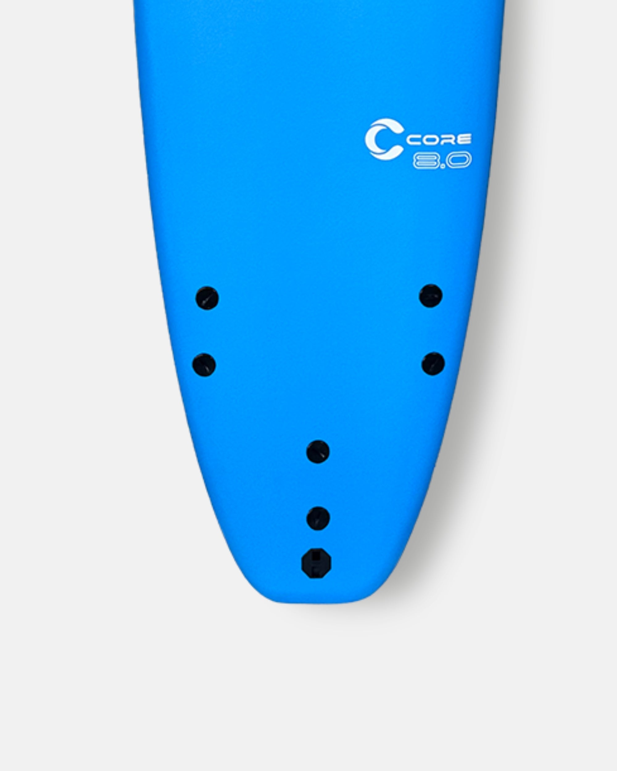 Blue surfboard nose with Core 8.0 logo and fin mounting holes.