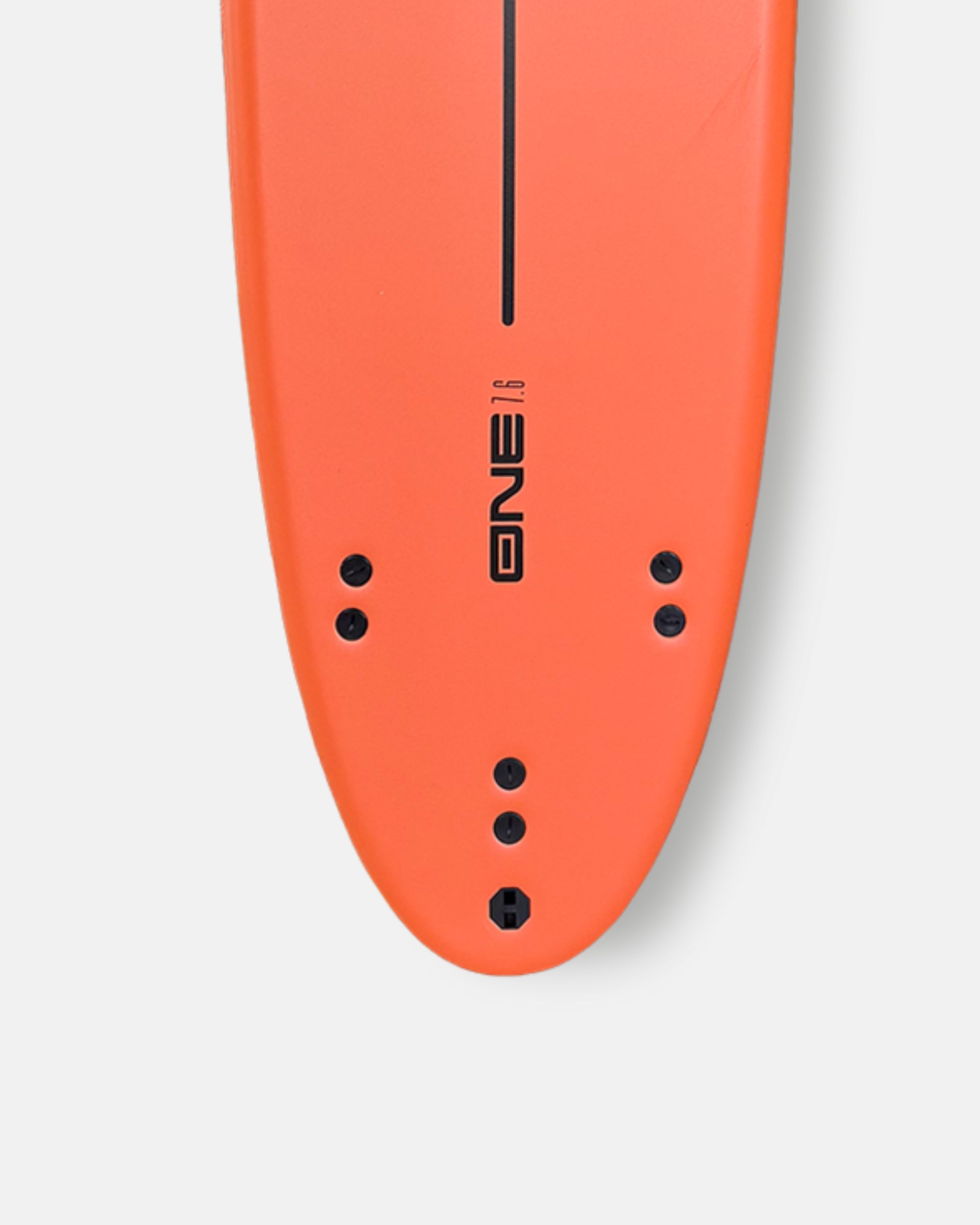 Orange surfboard nose with black ONE logo and fin box