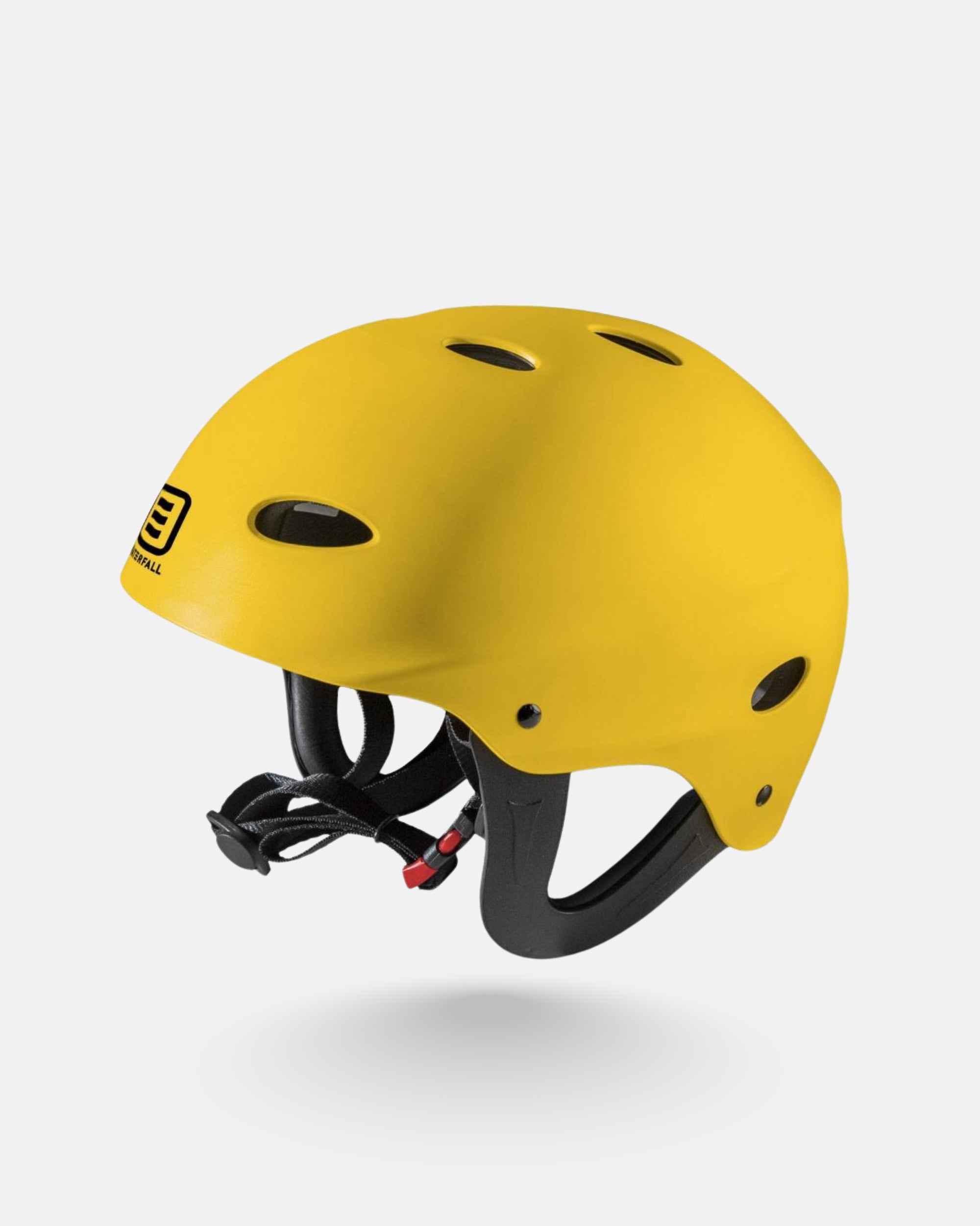 Yellow outdoor bike helmet with vents and black strap system
