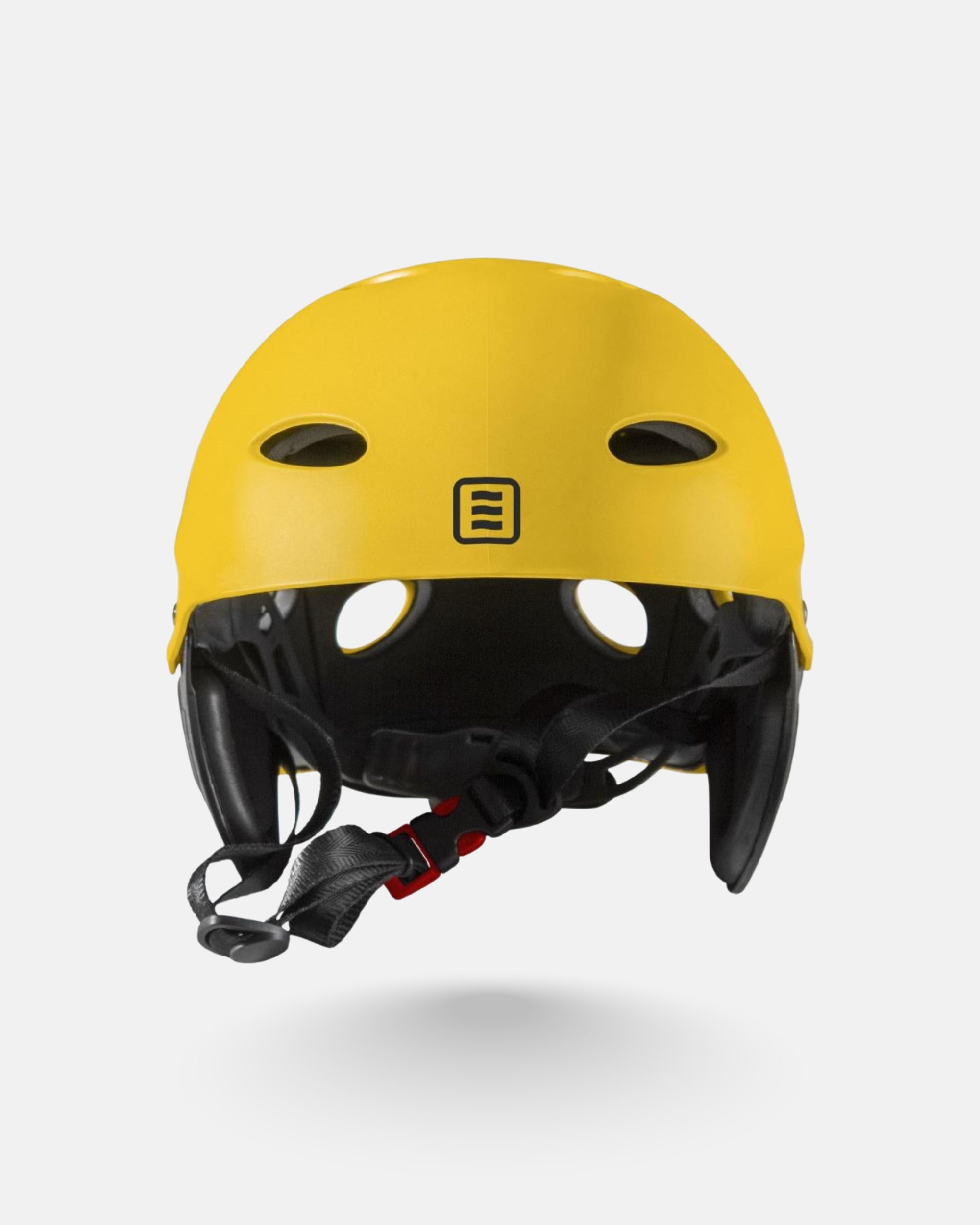 Yellow helmet with black chin straps and front ventilation openings