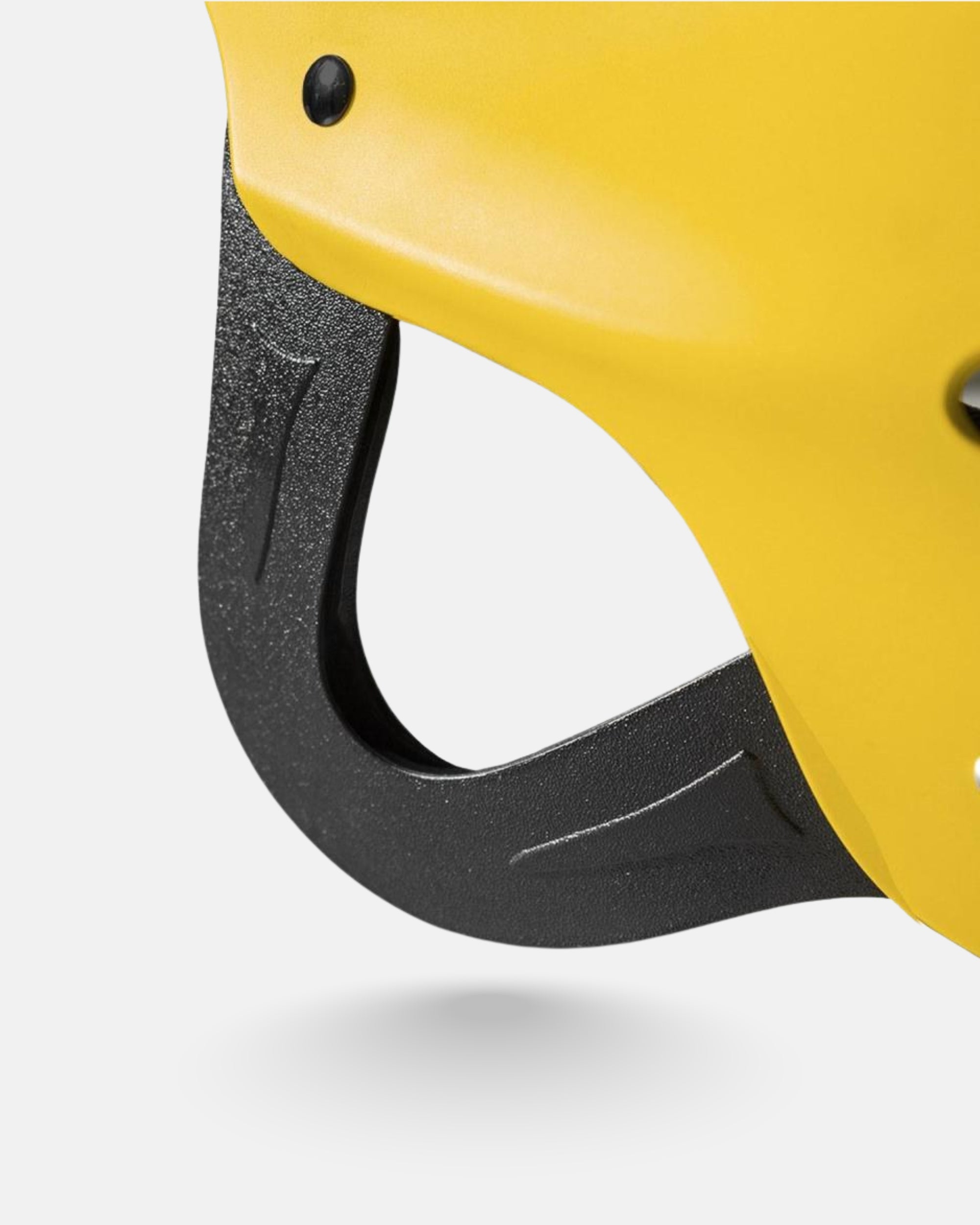 Yellow helmet front with black chin guard and visor opening