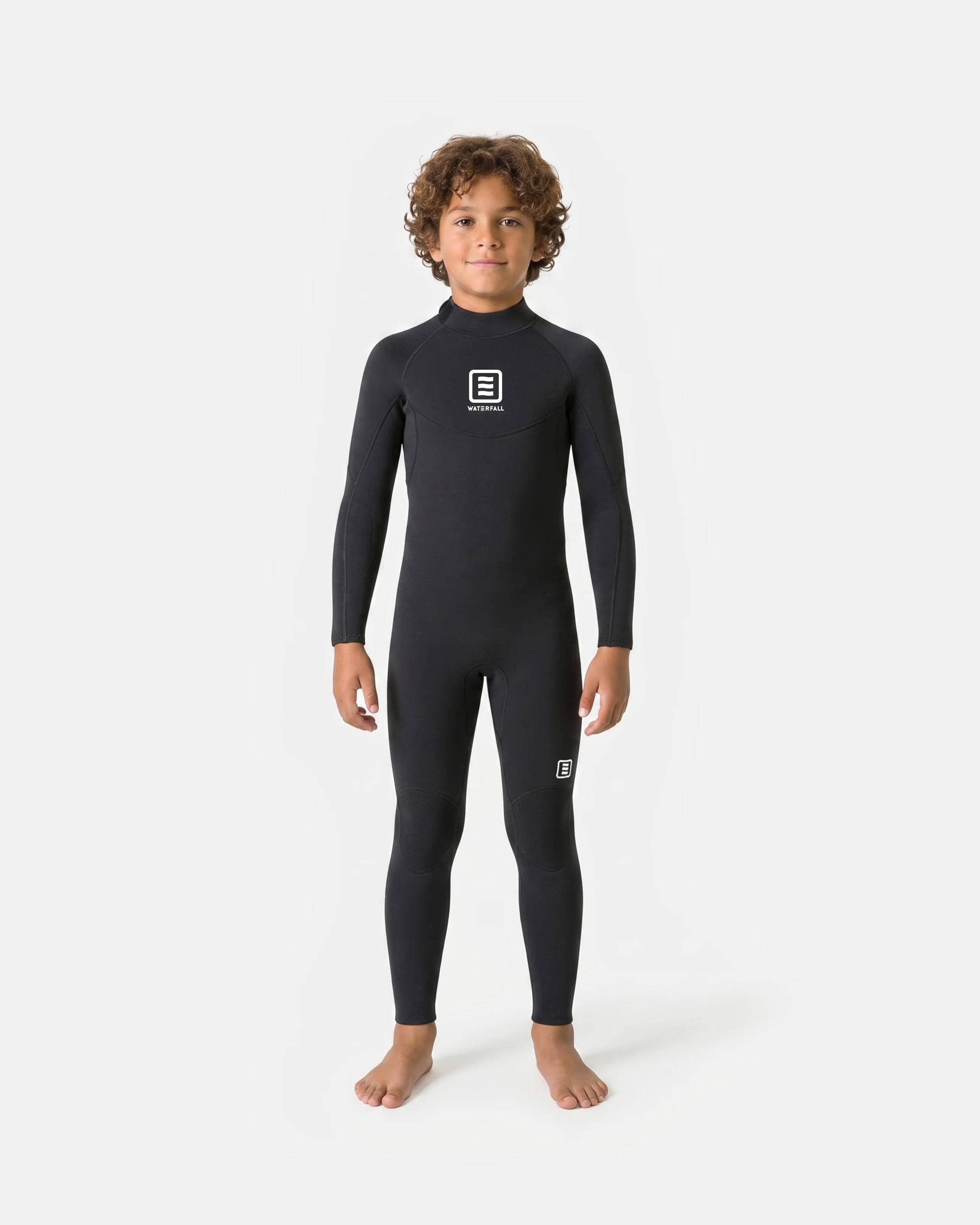 Kids full-body wetsuit in dark black with long sleeves and high collar