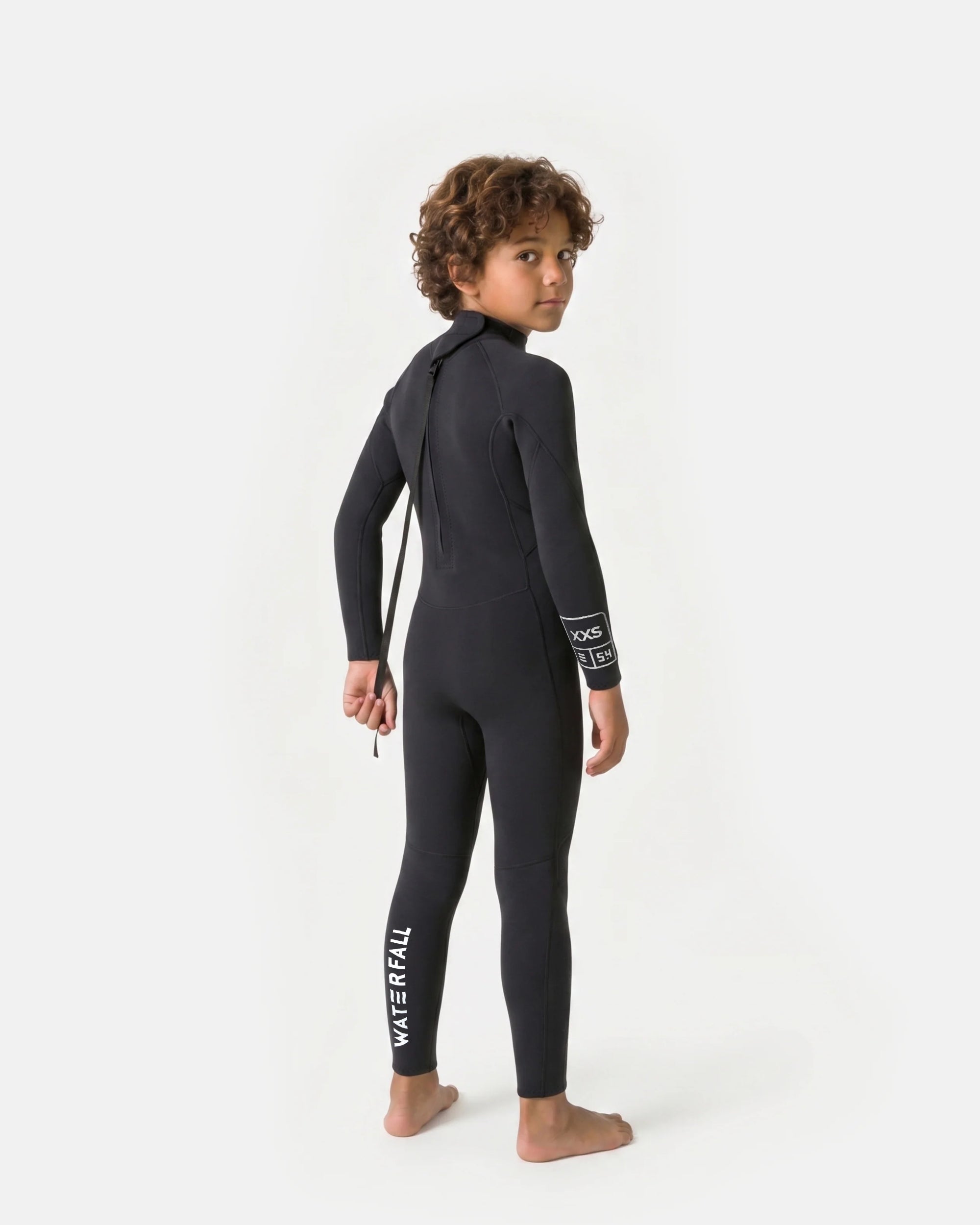 Kids black wetsuit side view with back zipper strap and long legs