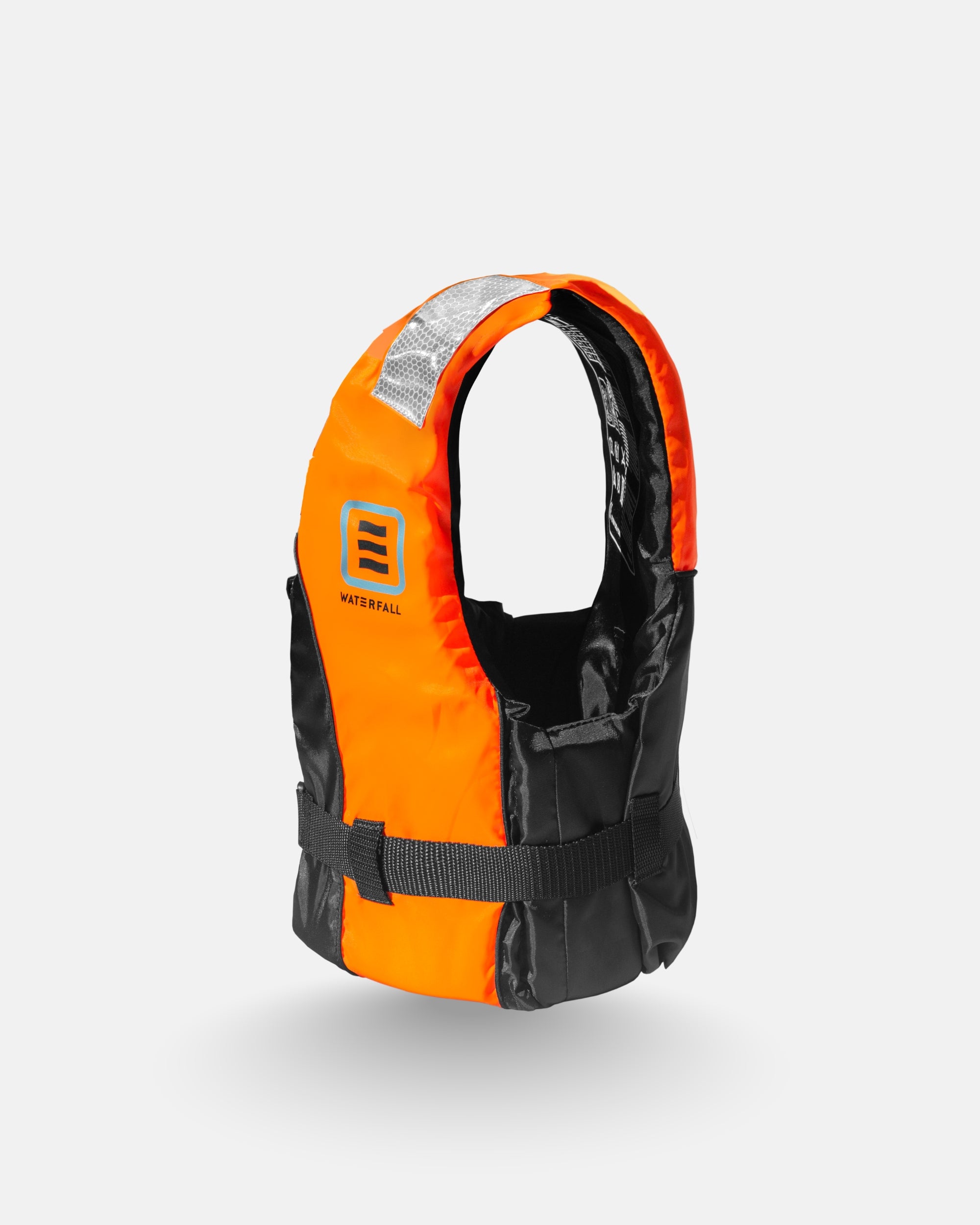 Orange and black adult buoyancy aid with reflective strip and front logo patch
