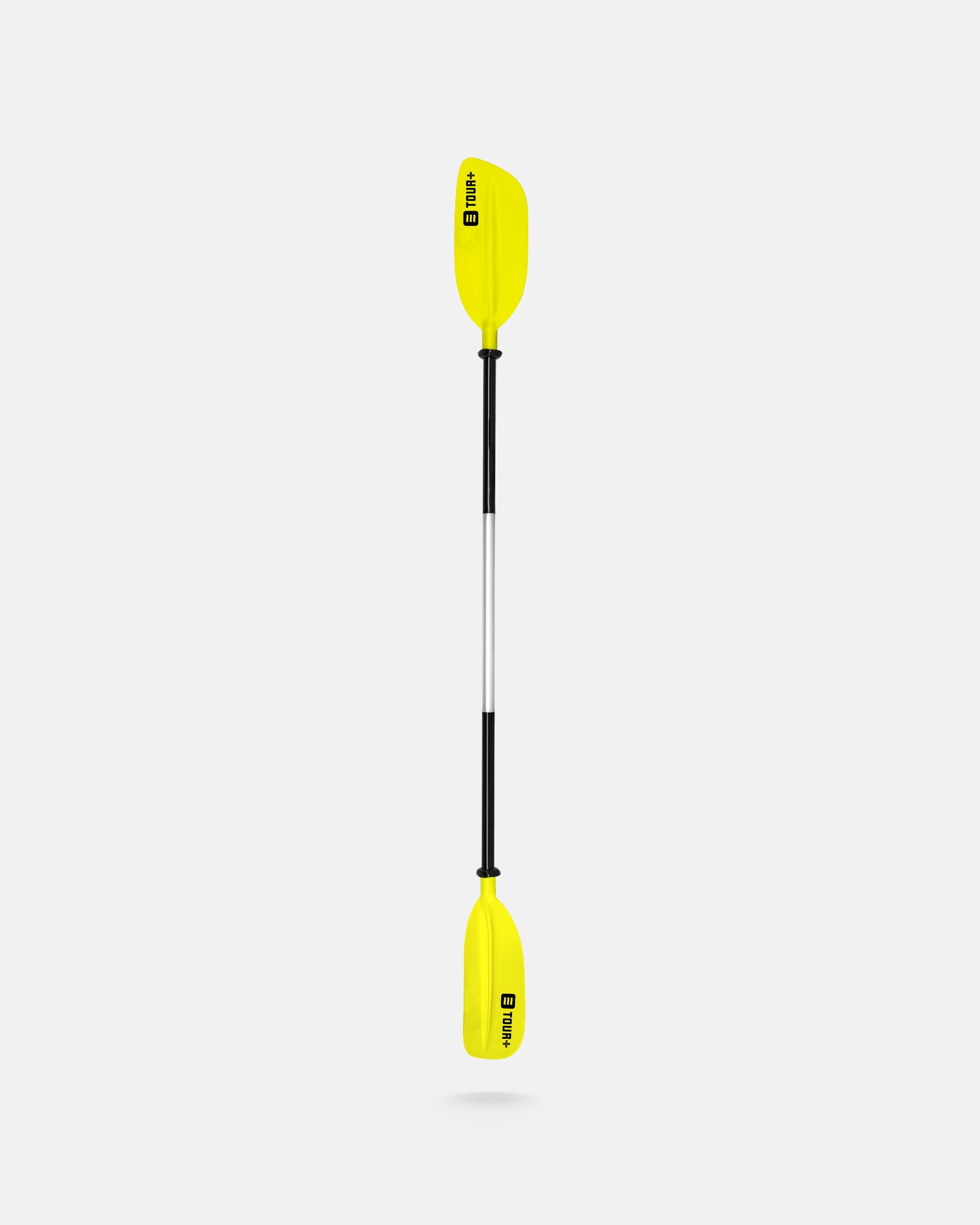 Yellow double-blade paddle with black shaft and TOUR+ branding