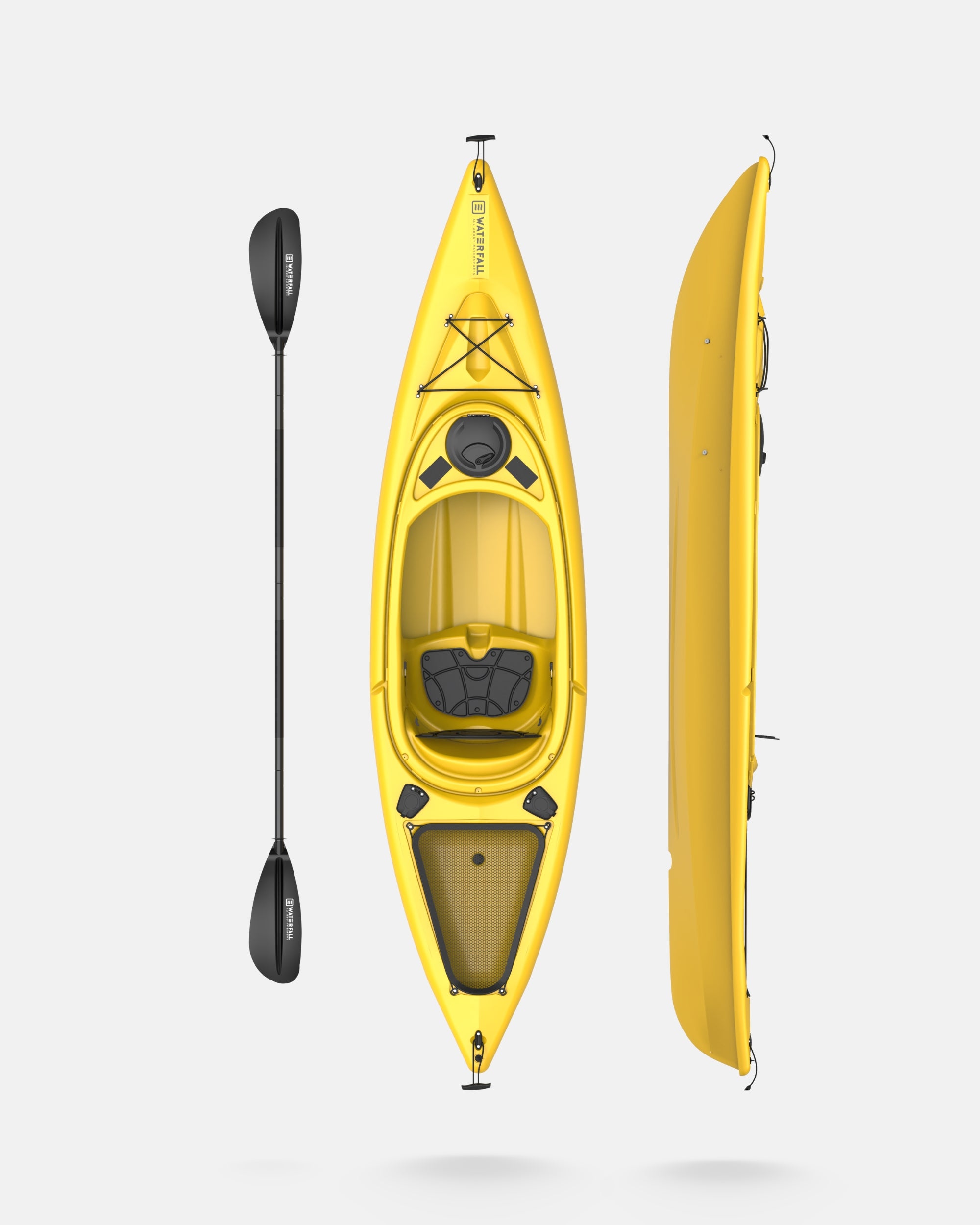 Yellow sit-in kayak with black paddle, front and side views