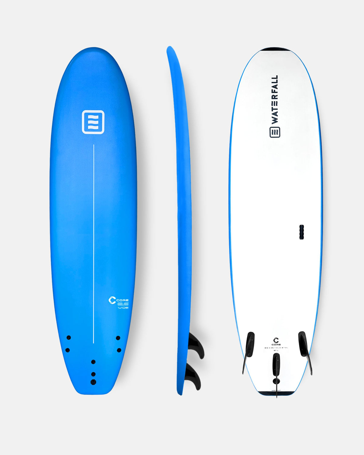 Blue surfboard set with fins, front and side view