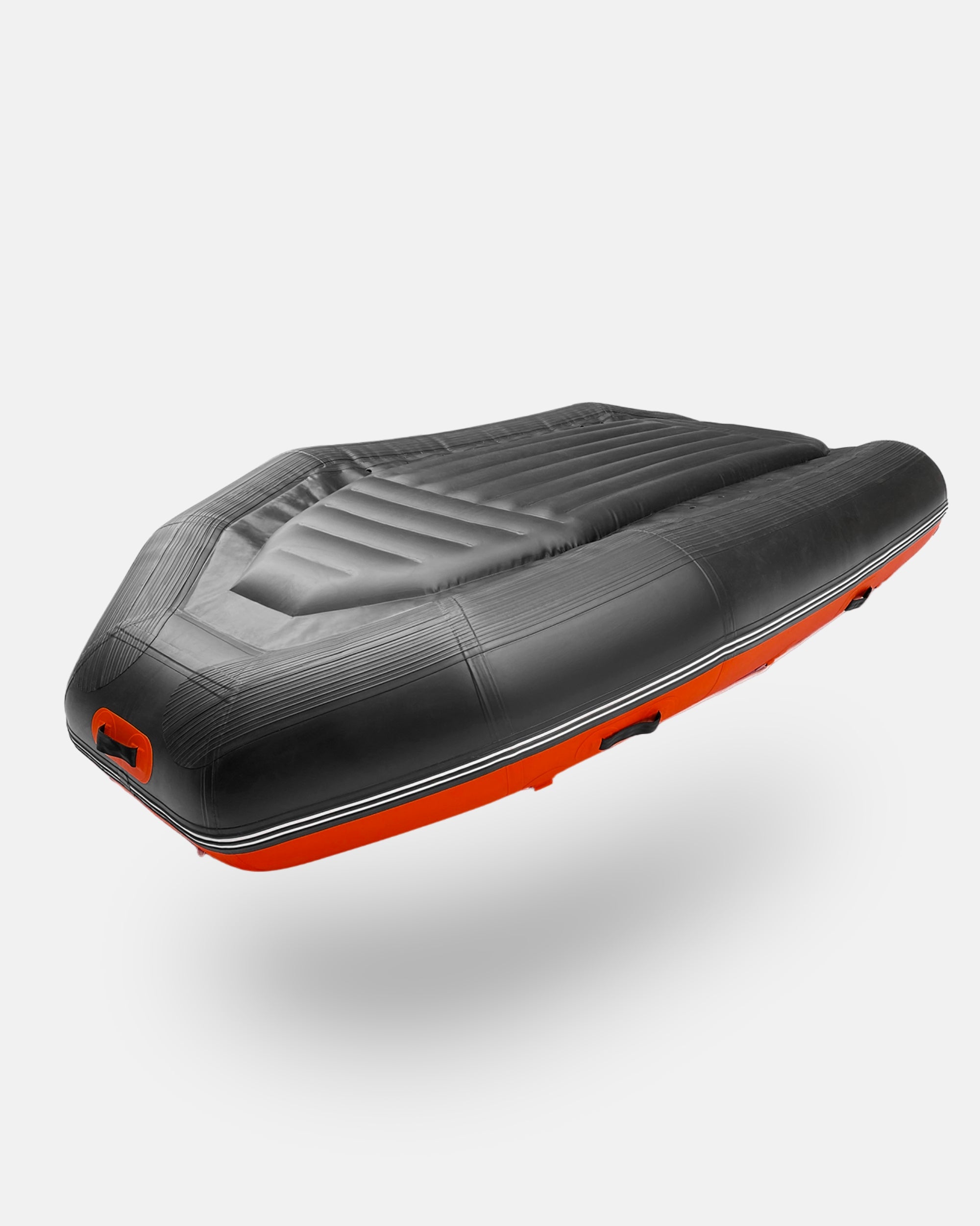 Black inflatable raft with orange-red side trim and padded seat top