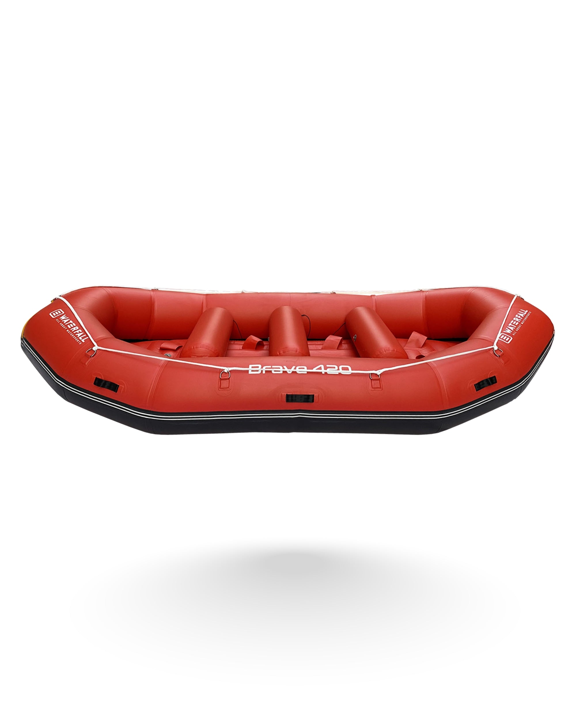 Red inflatable raft with black bottom and front tube seating