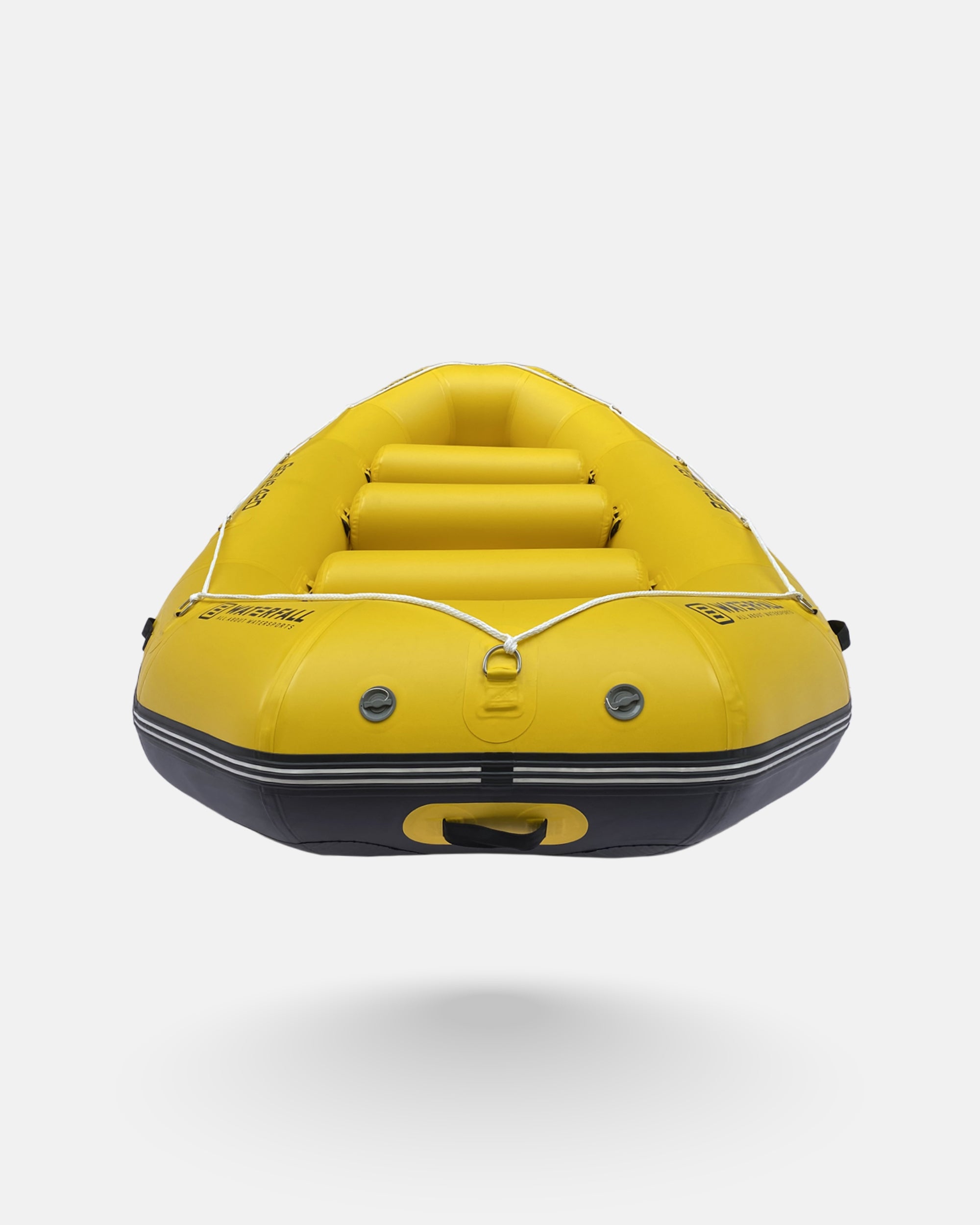 Yellow inflatable raft bow with storage handle and strap loops