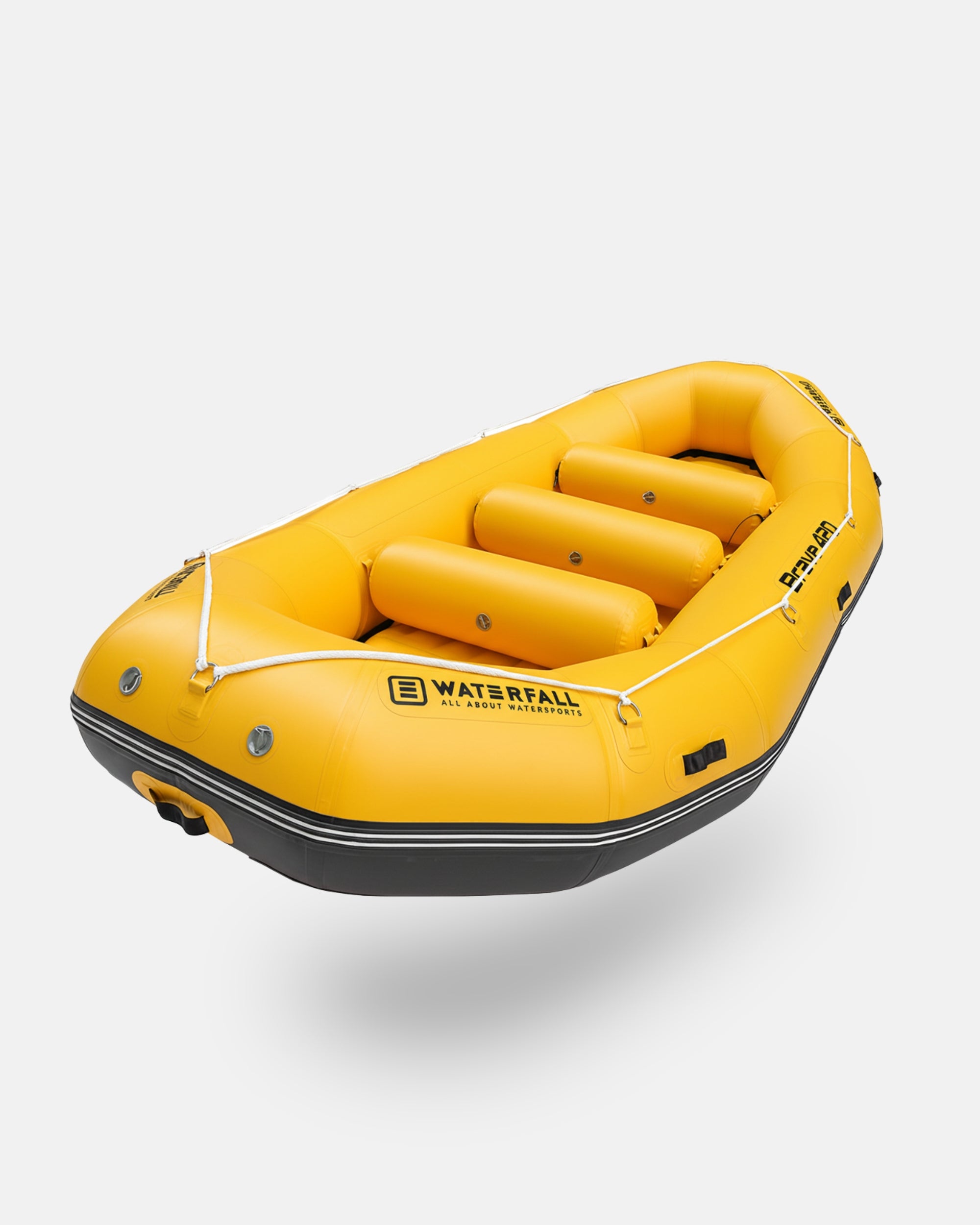 Yellow inflatable raft with black trim and interior padding for seated riders