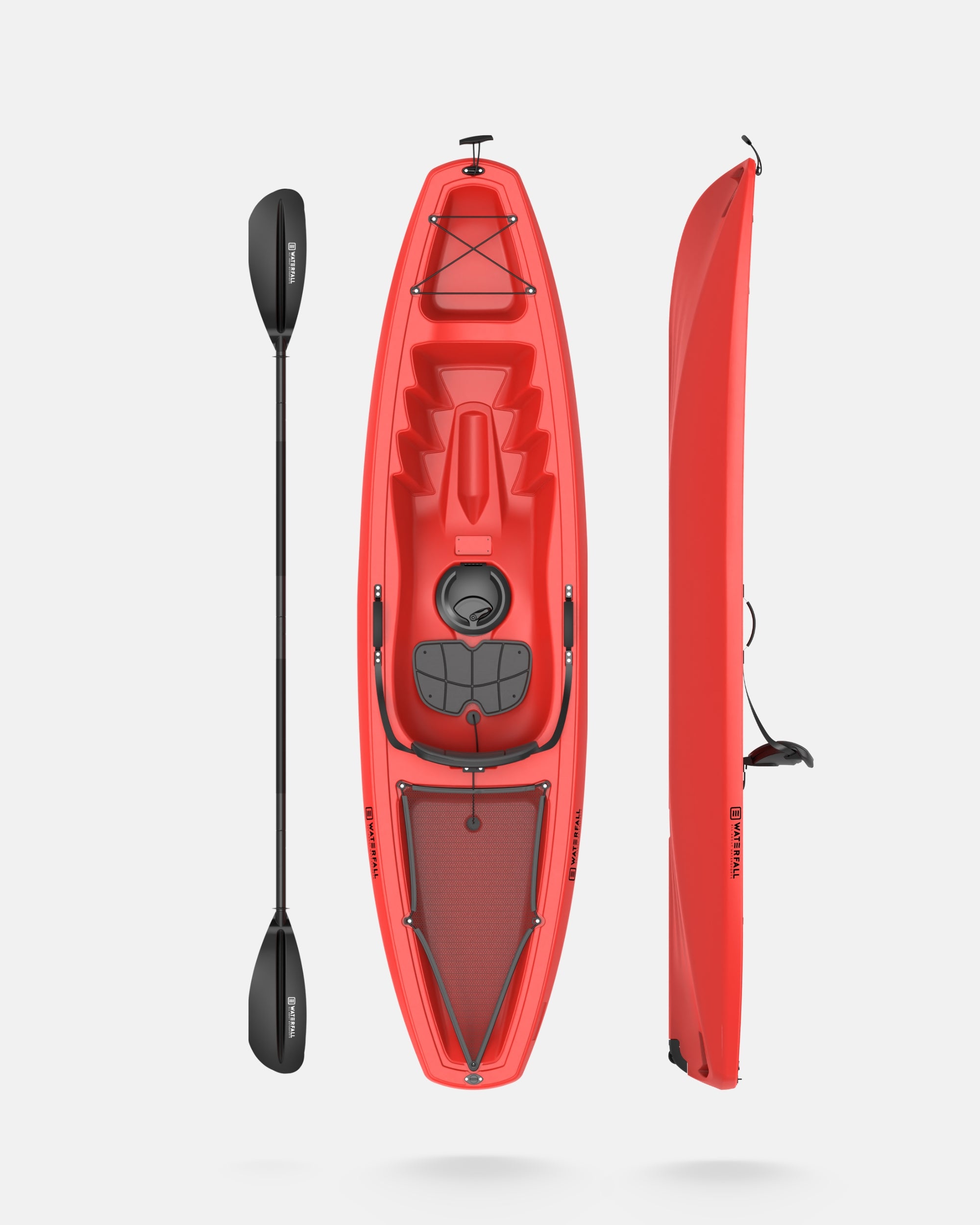 Red sit-on-top kayak with black seat and cockpit, with paddle and fin