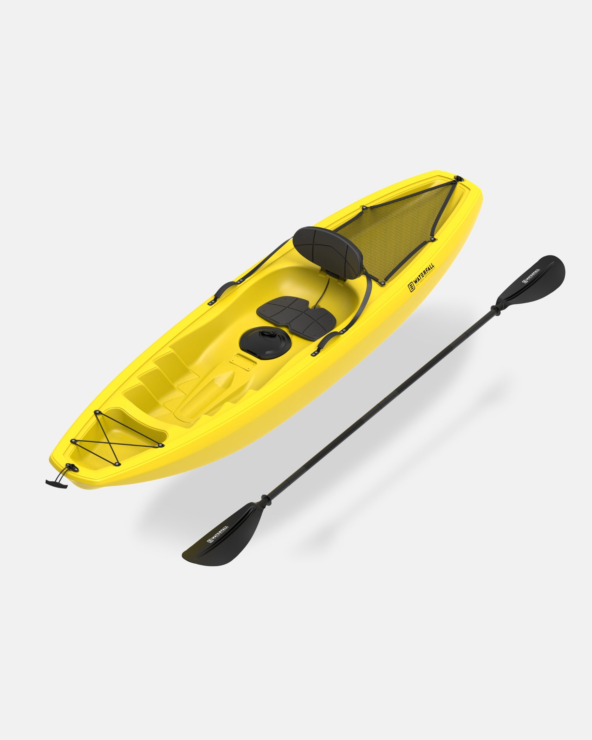 Yellow sit-on-top single kayak in side view with attached footrests and paddle