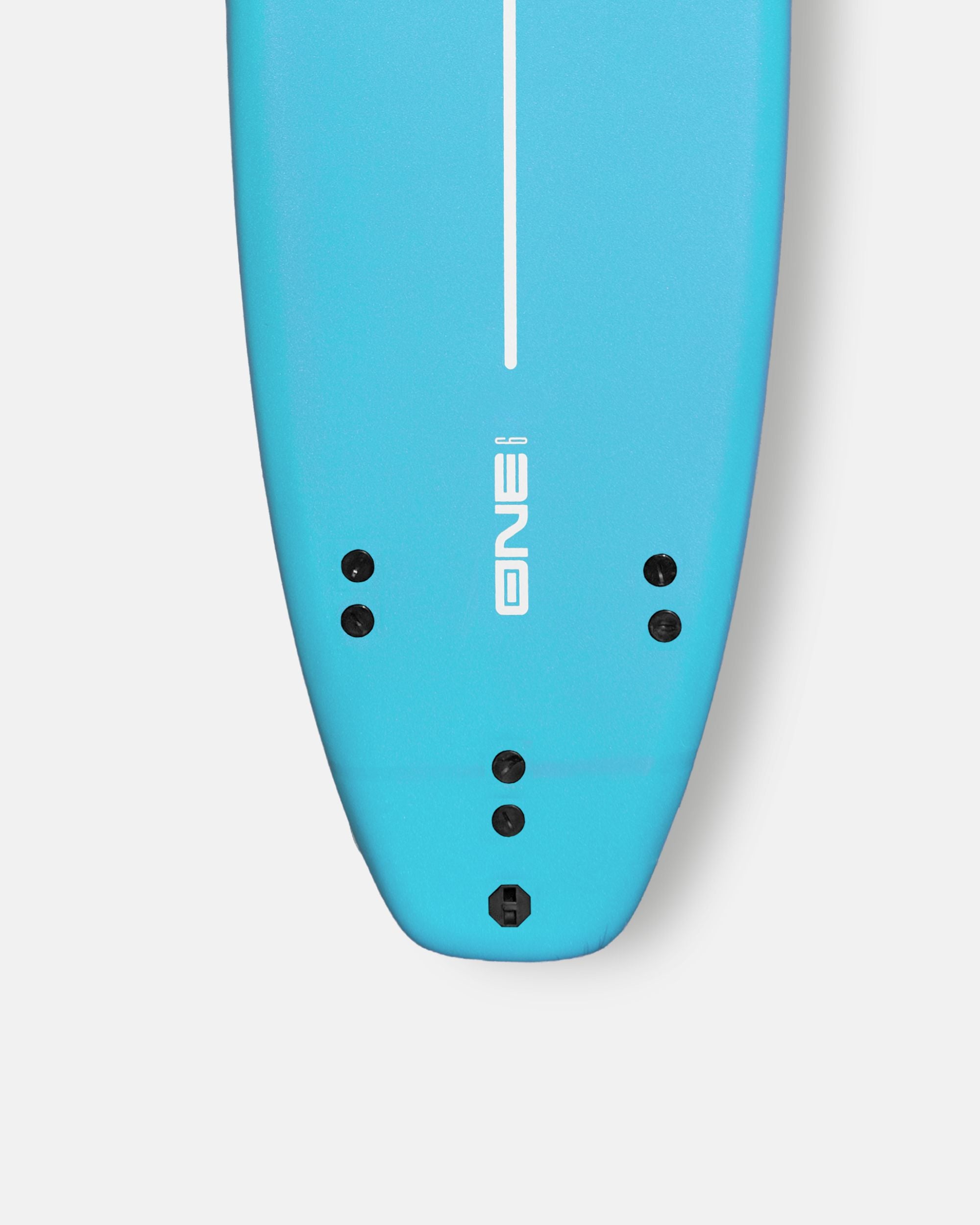 Blue surfboard nose with logo and six traction pad inserts