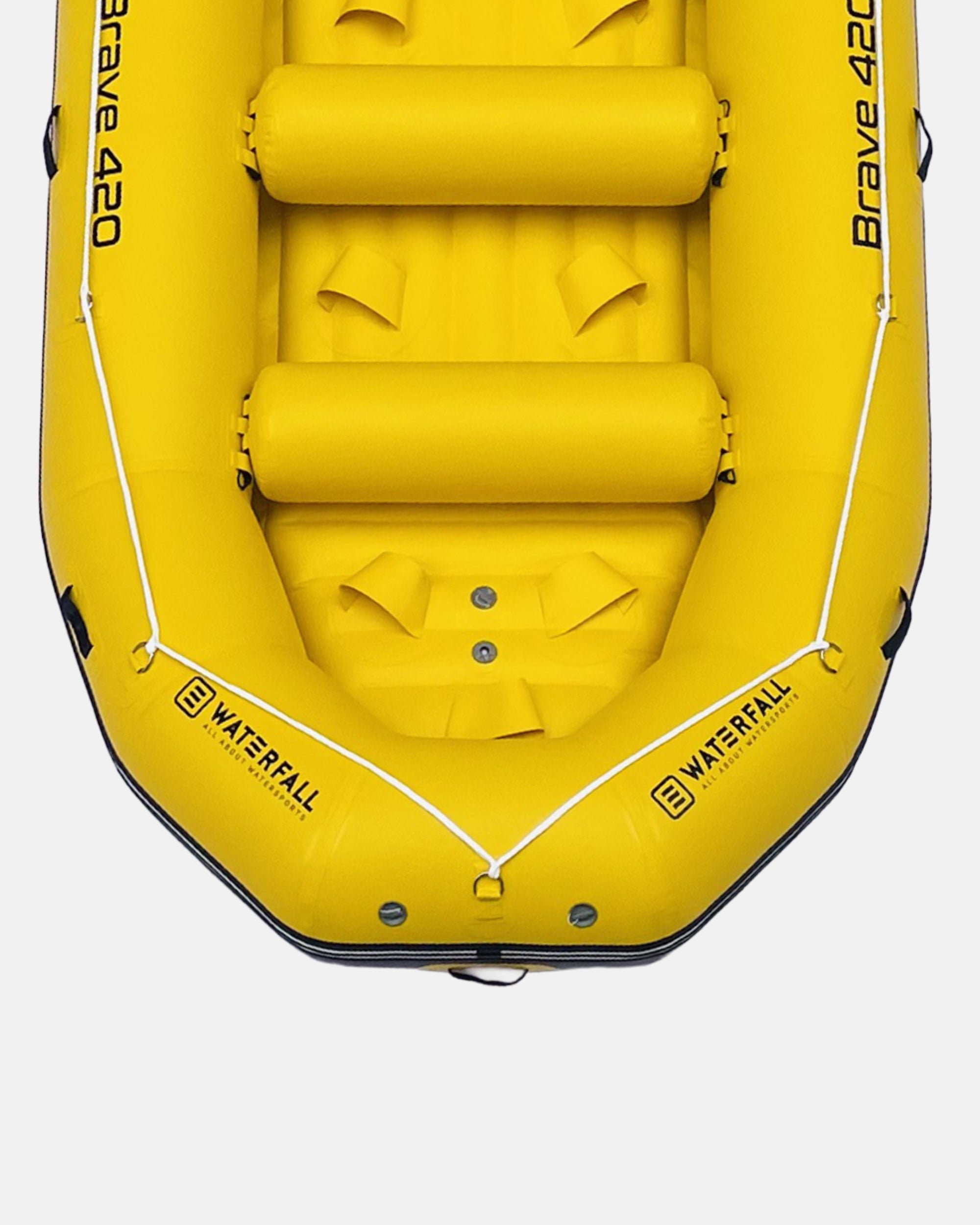 Yellow inflatable raft interior with three padded backrests and floor drain plugs