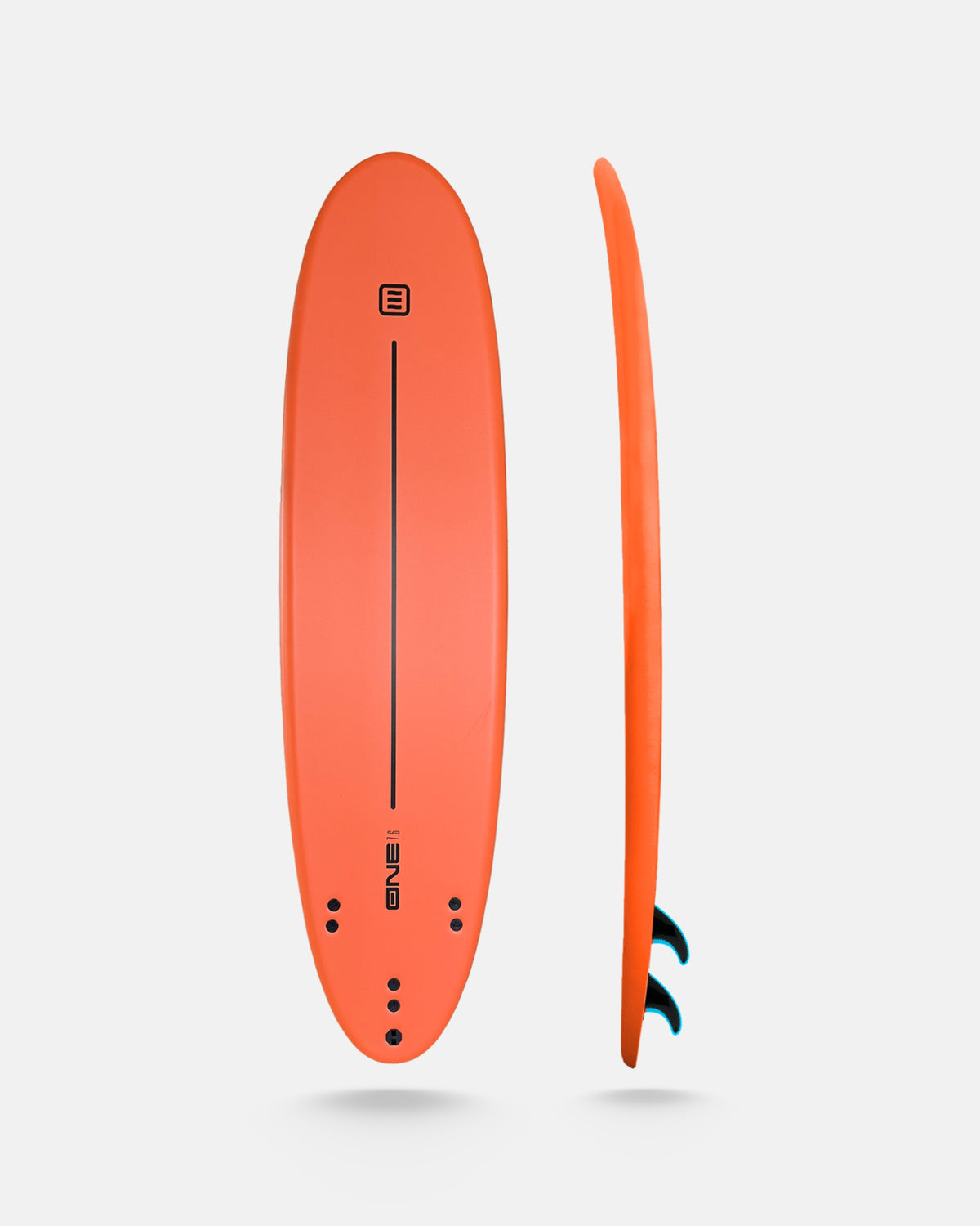 Orange surfboard with fins and leash plug, side view