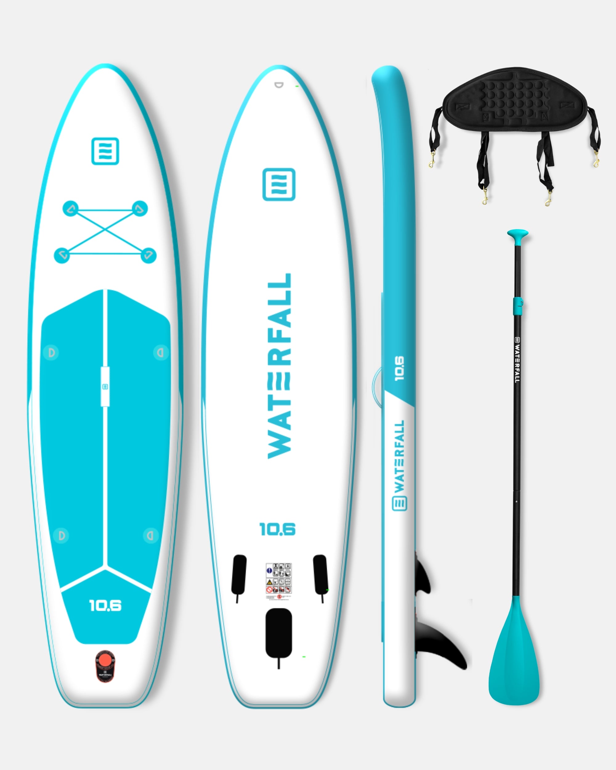10'6 blue inflatable stand-up paddleboard set with paddle, leash, and pump